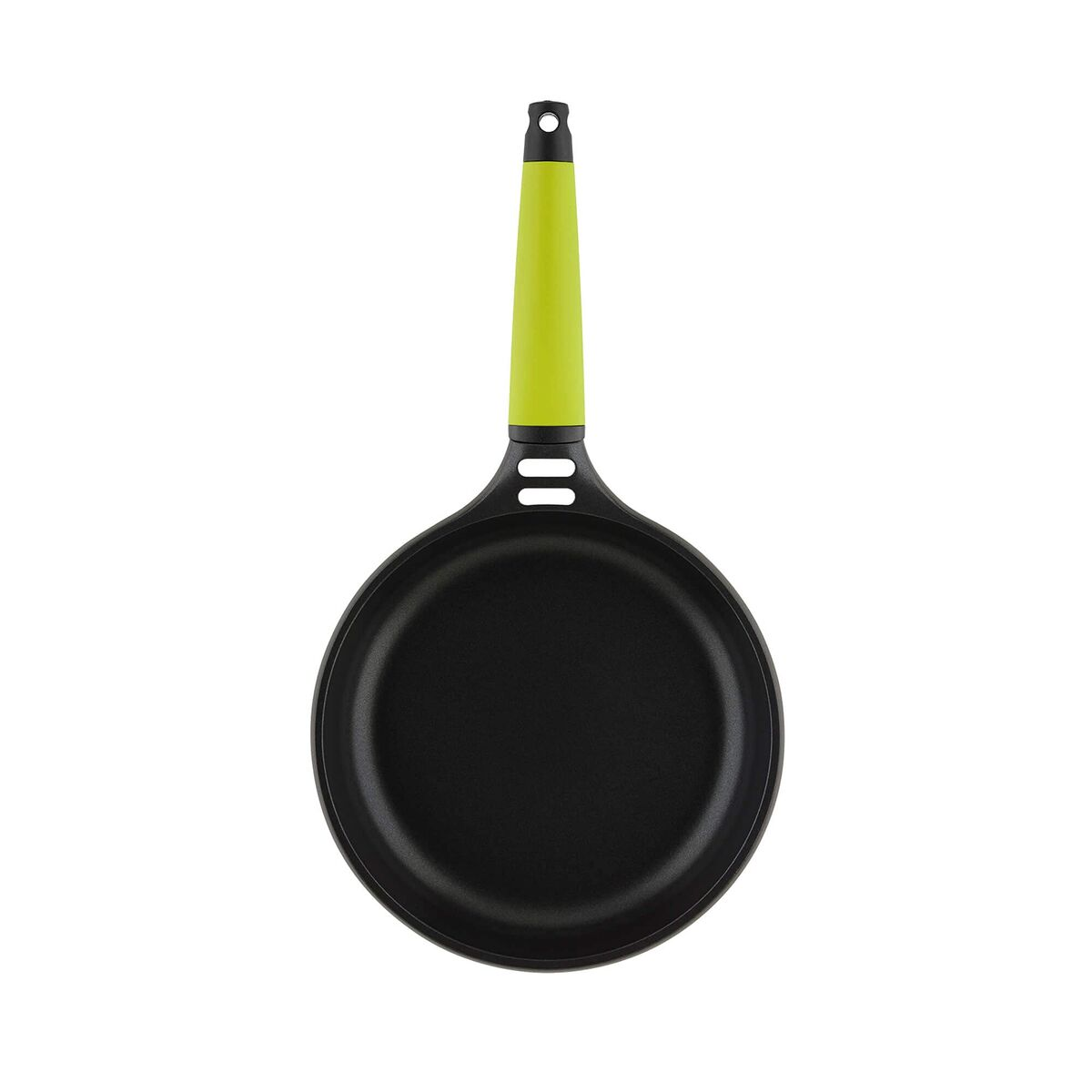 Schwarze Bratpfanne mit einem hellgrünen Griff und einem Loch zum Aufhängen.