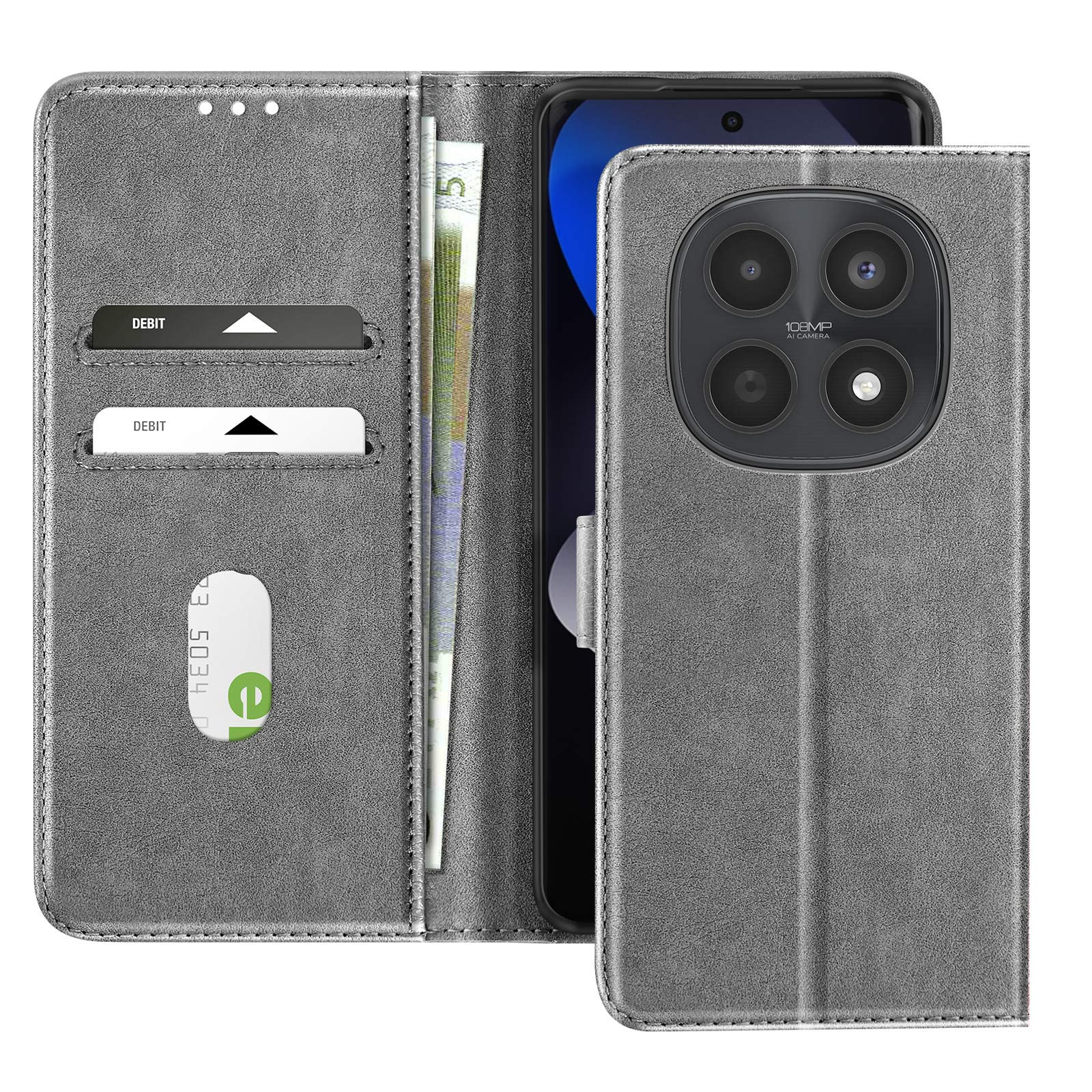 Custodia grigia per telefono con slot per carte, banconote e fotocamera da 108MP.