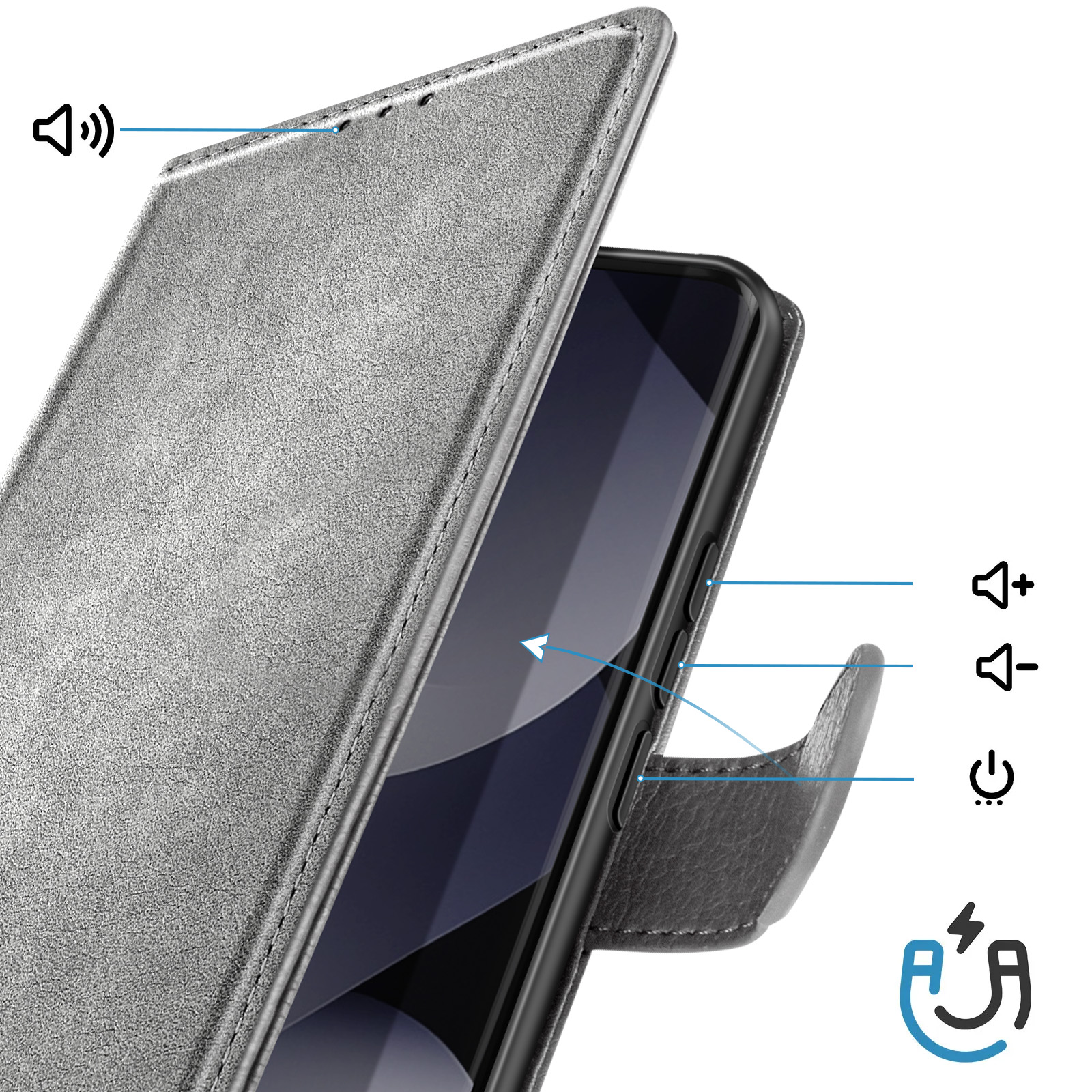 Custodia per telefono grigia con icone stampate per volume, accensione e magnete.