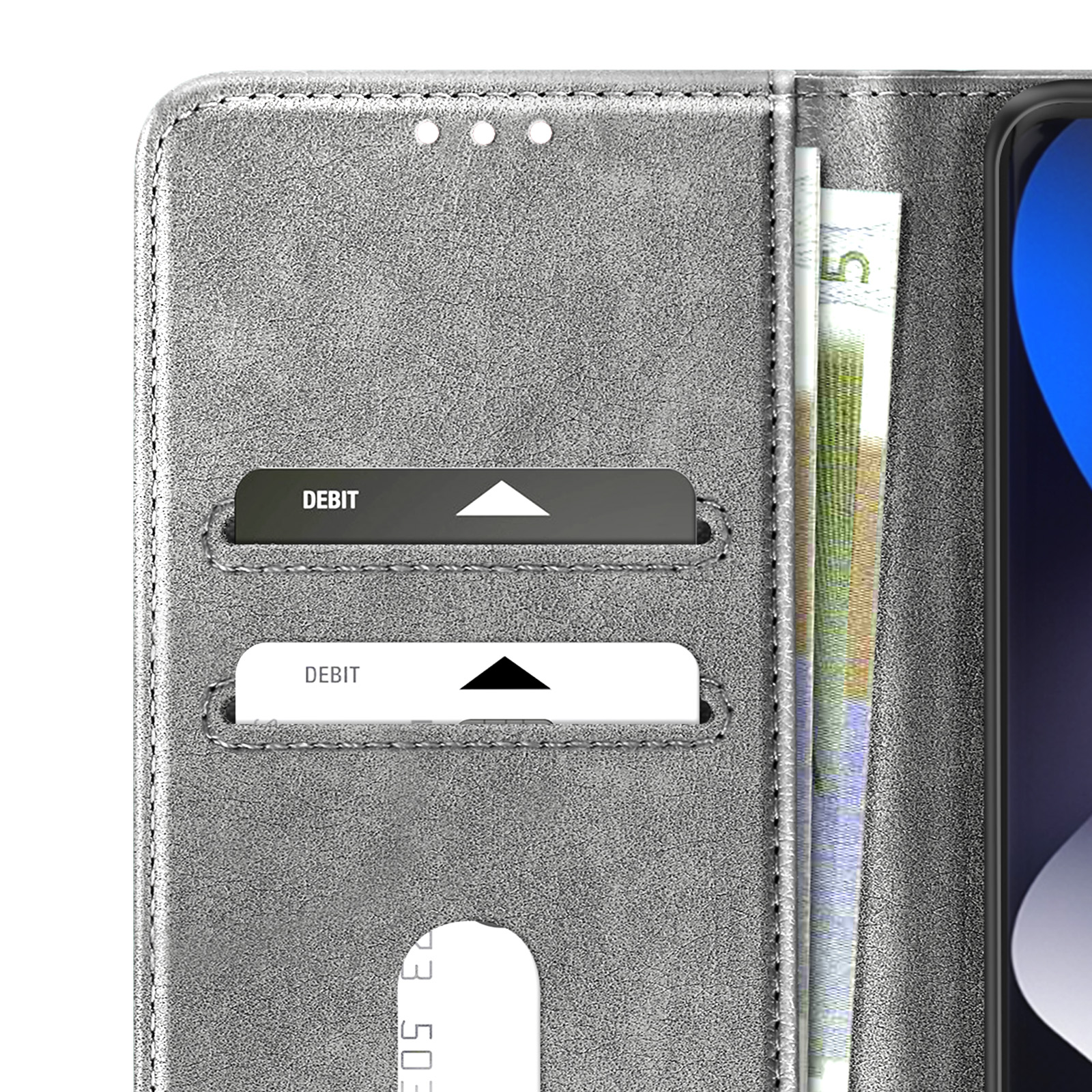 Portafoglio grigio con slot per carte e banconote.