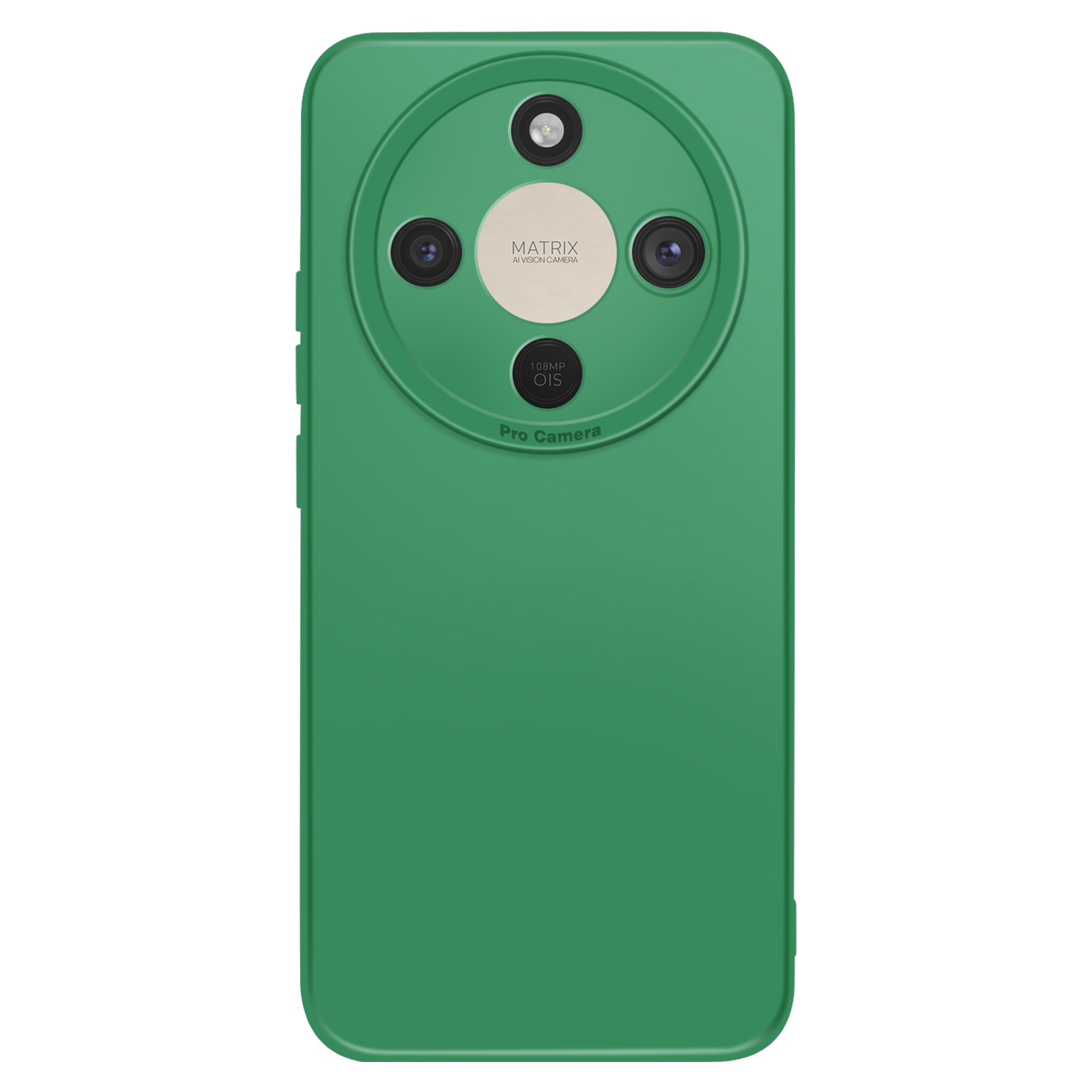 Groene smartphone met ronde cameralens en drie lenzen.
