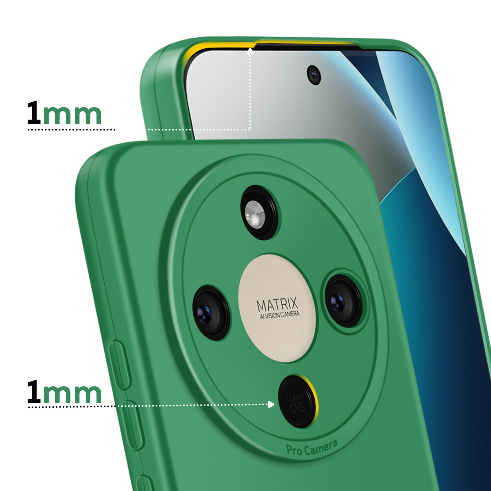 Groene telefoonhoes met 1mm rand en drievoudige camera.