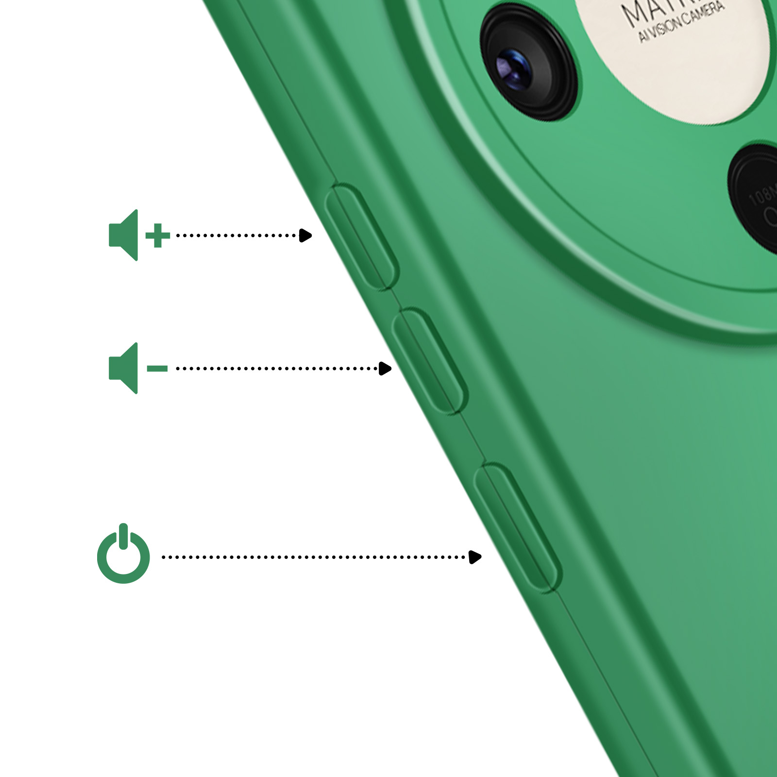 Groene telefoonhoes met volume- en aan/uit-knoppictogrammen.