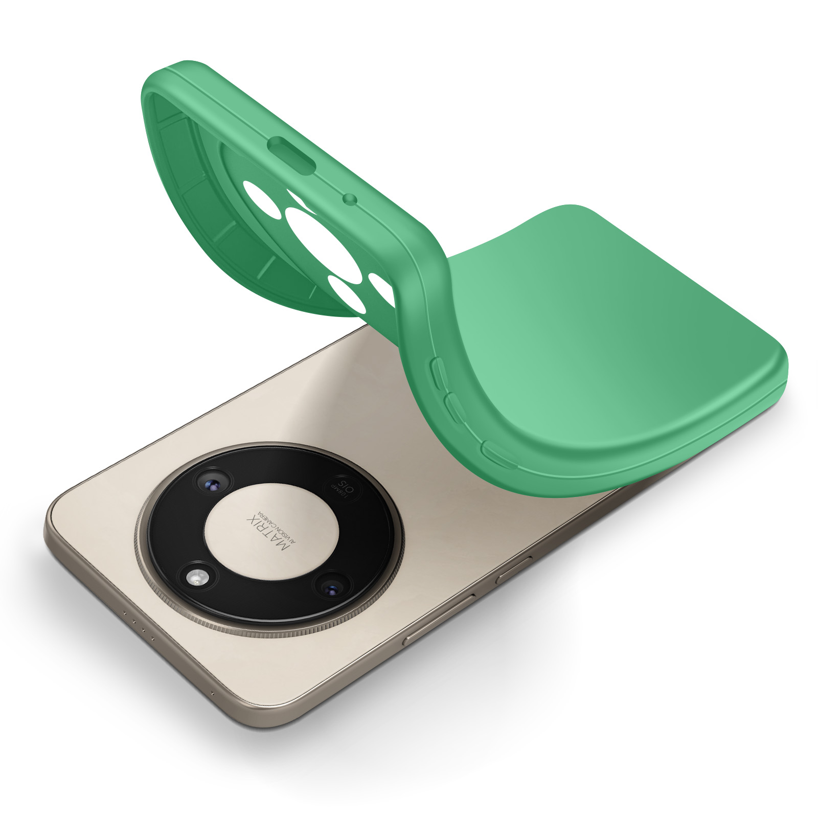 Groene telefoonhoes over een smartphone met camera.
