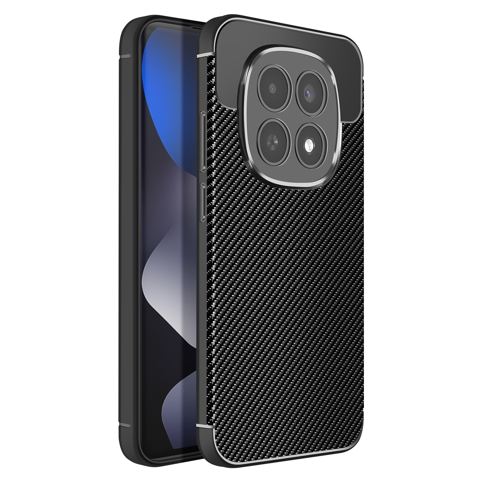 Custodia nera per telefono con motivo carbonio e quattro lenti.