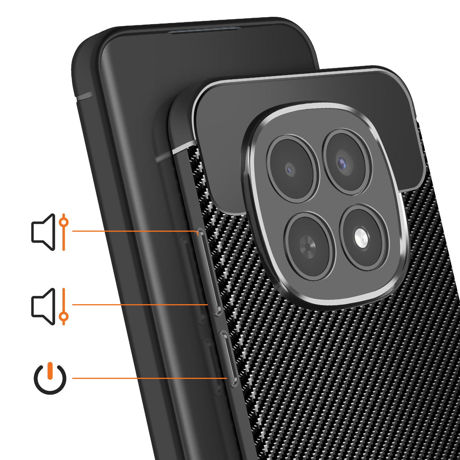 Custodia nera per telefono con motivo carbonio, quattro fotocamere e pulsanti volume/accensione.