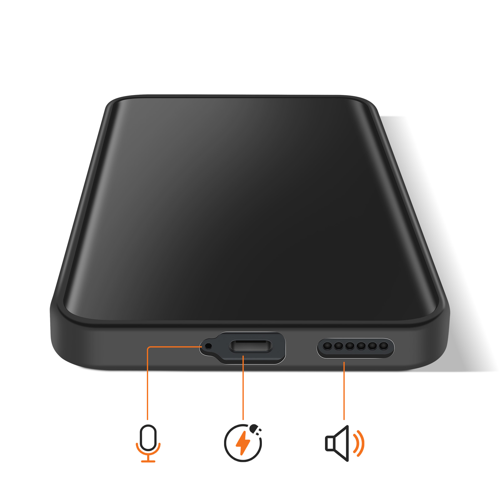 Smartphone nero con porte: icone microfono, ricarica e altoparlante.