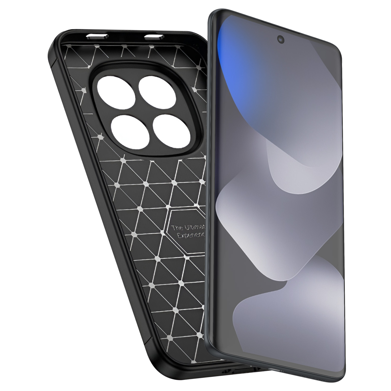 Custodia nera per telefono con motivo e uno smartphone con sfondo blu-grigio.