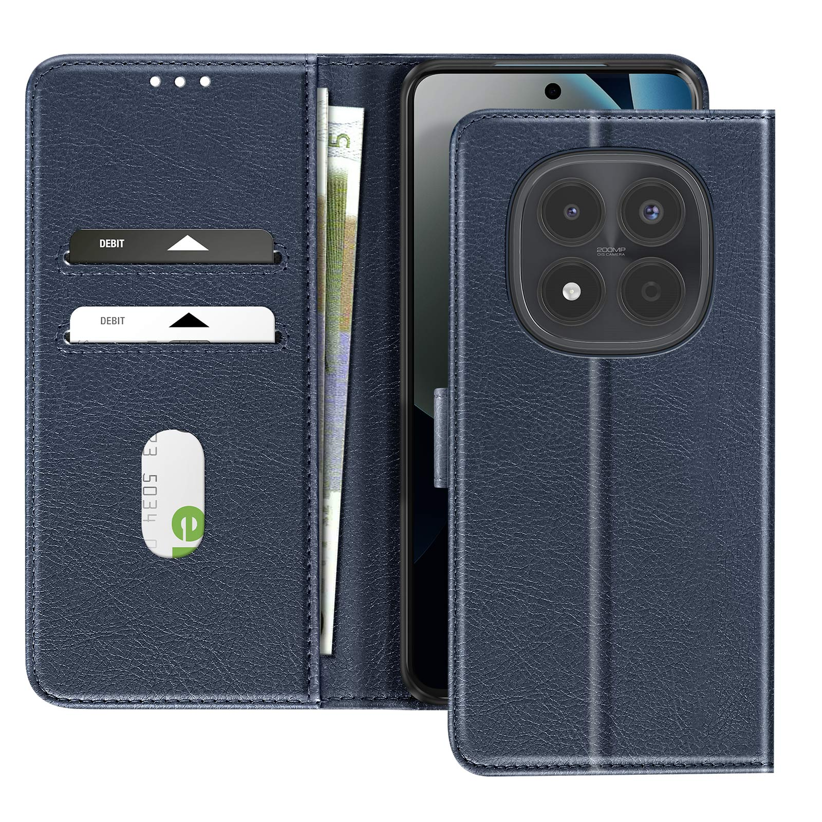 Portafoglio per telefono blu scuro con scomparti per carte e banconote. Il telefono è visibile.