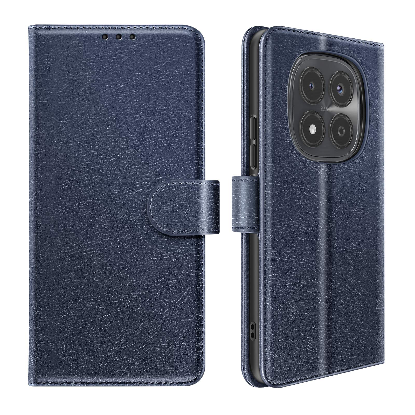 Custodia blu scuro per telefono con patta, sistema fotocamera e chiusura.