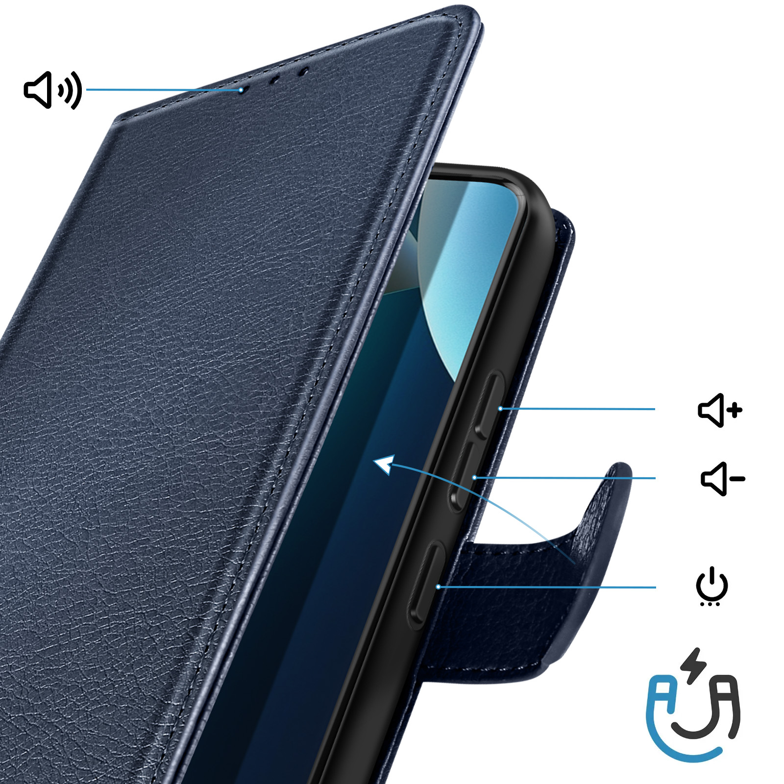 Custodia blu scuro per telefono con chiusura magnetica e indicatori.