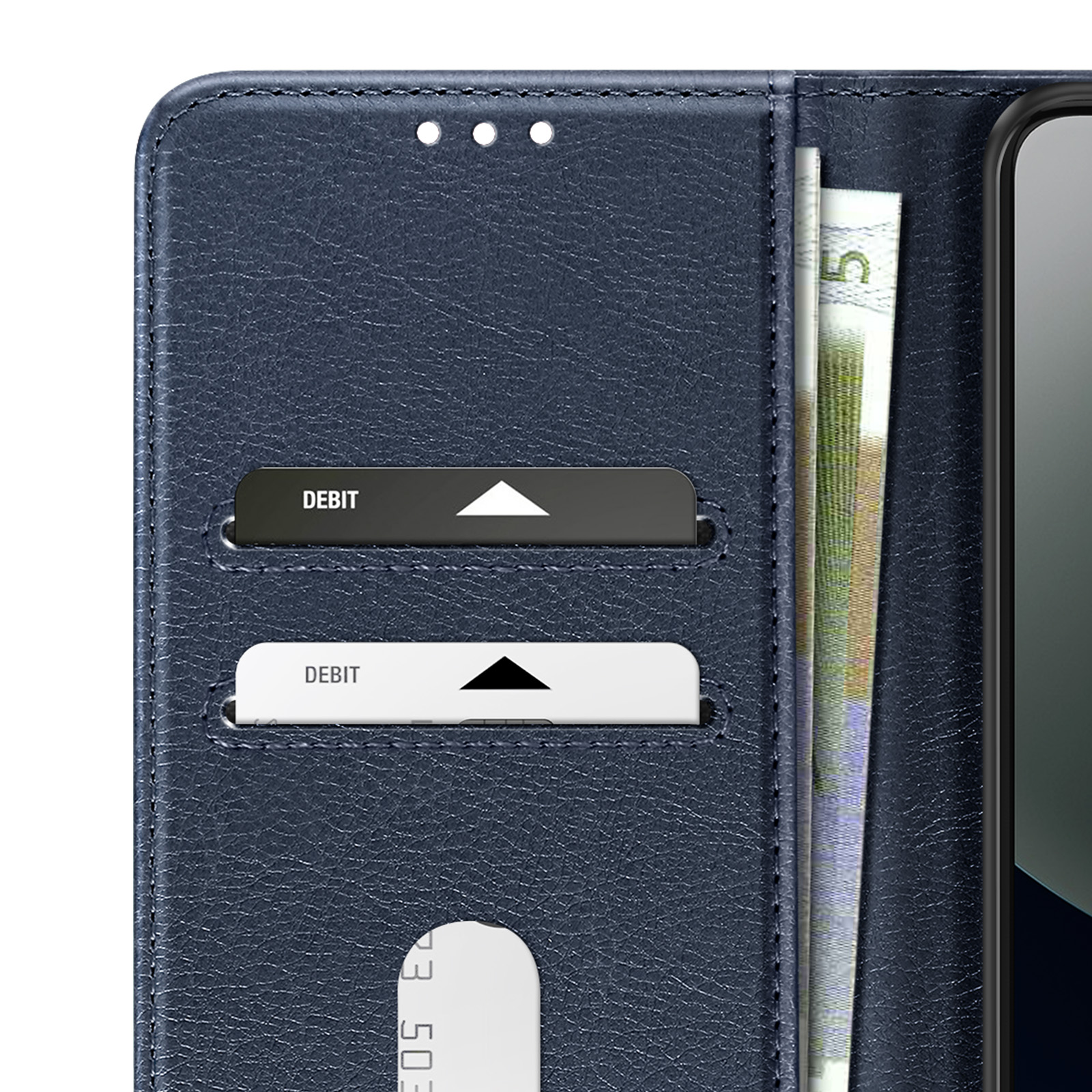 Portafoglio blu scuro con due fessure per carte di debito e contanti.