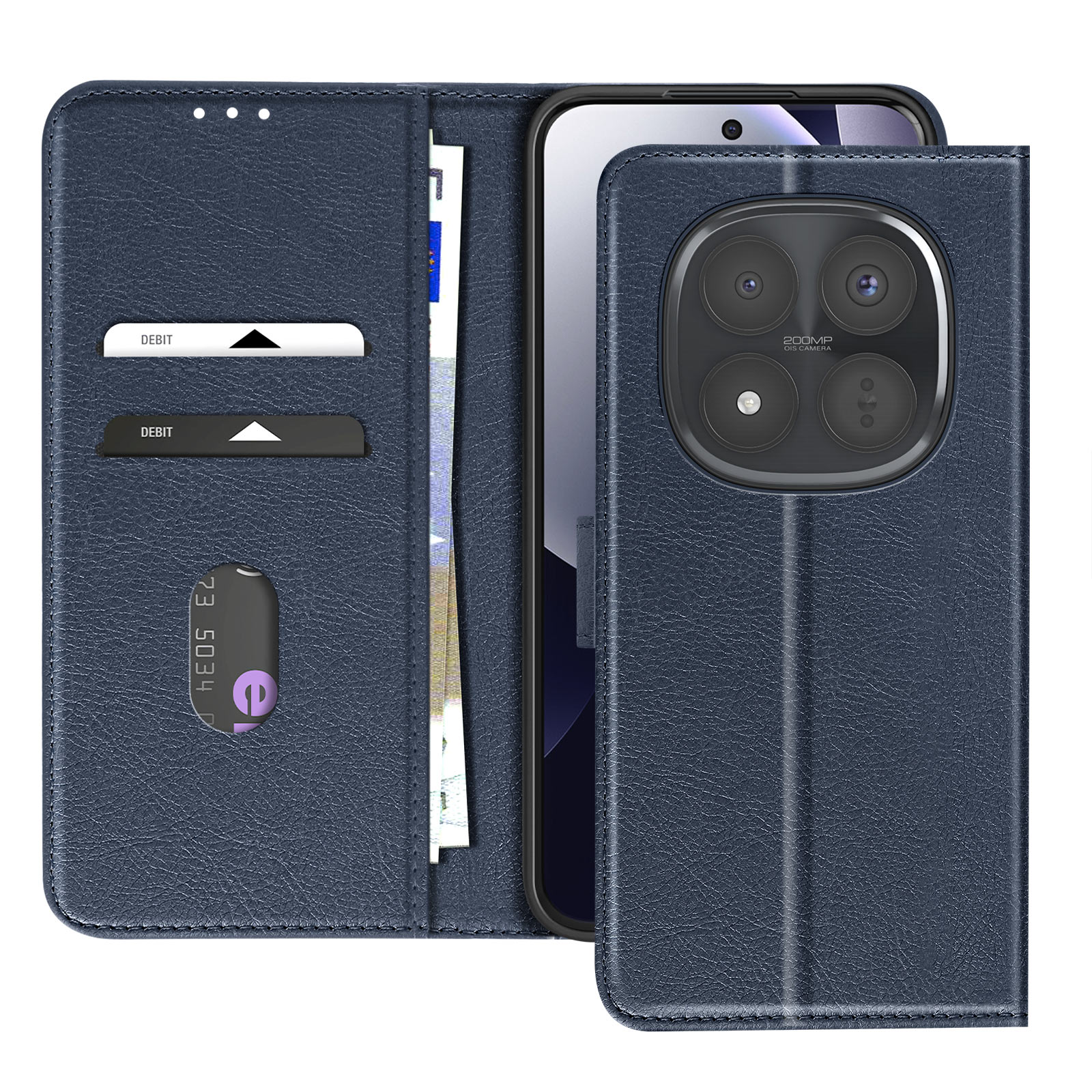 Portafoglio blu scuro per telefono con slot per carte e tasca per contanti.