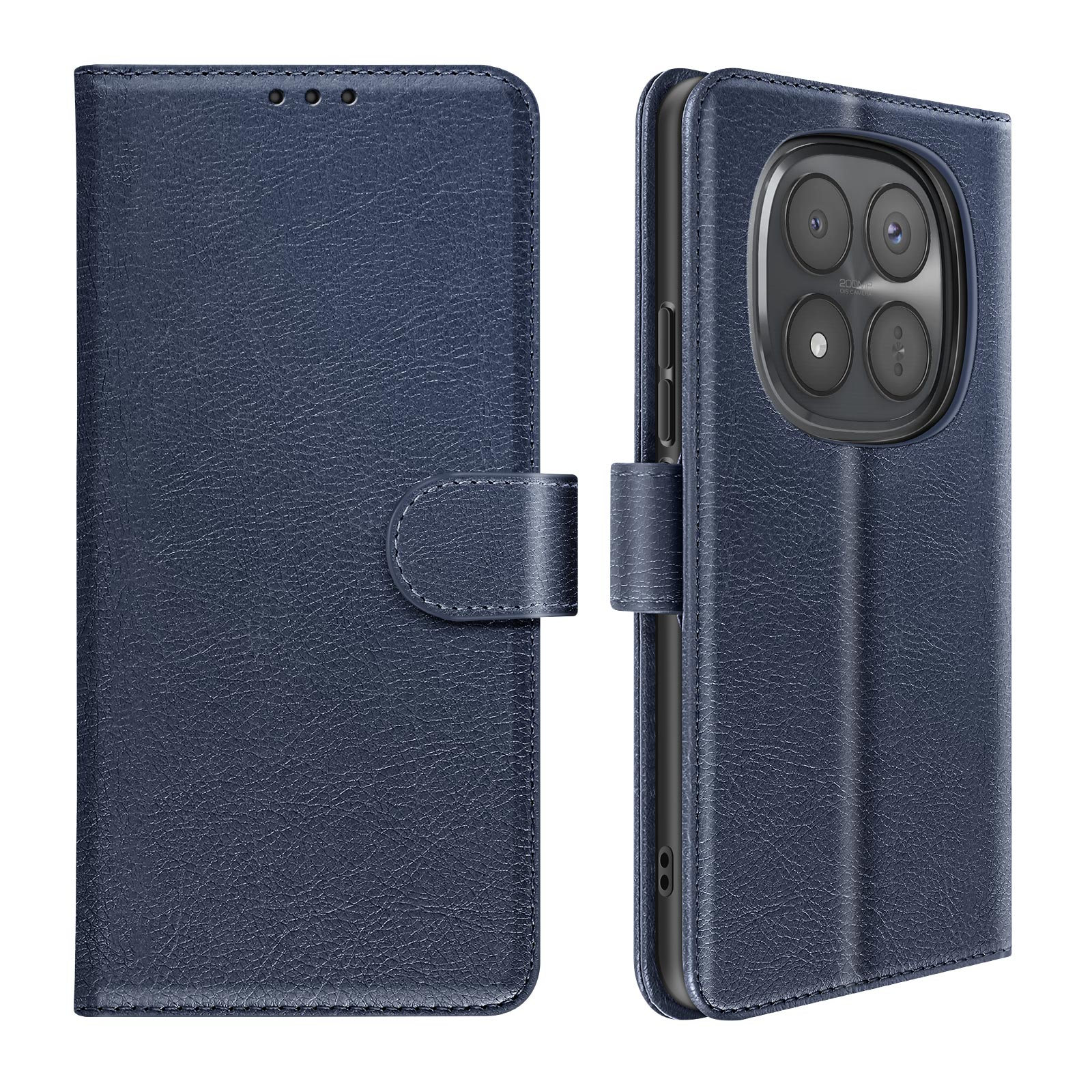 Custodia in pelle blu scuro con chiusura magnetica, che mostra l'apertura della fotocamera.