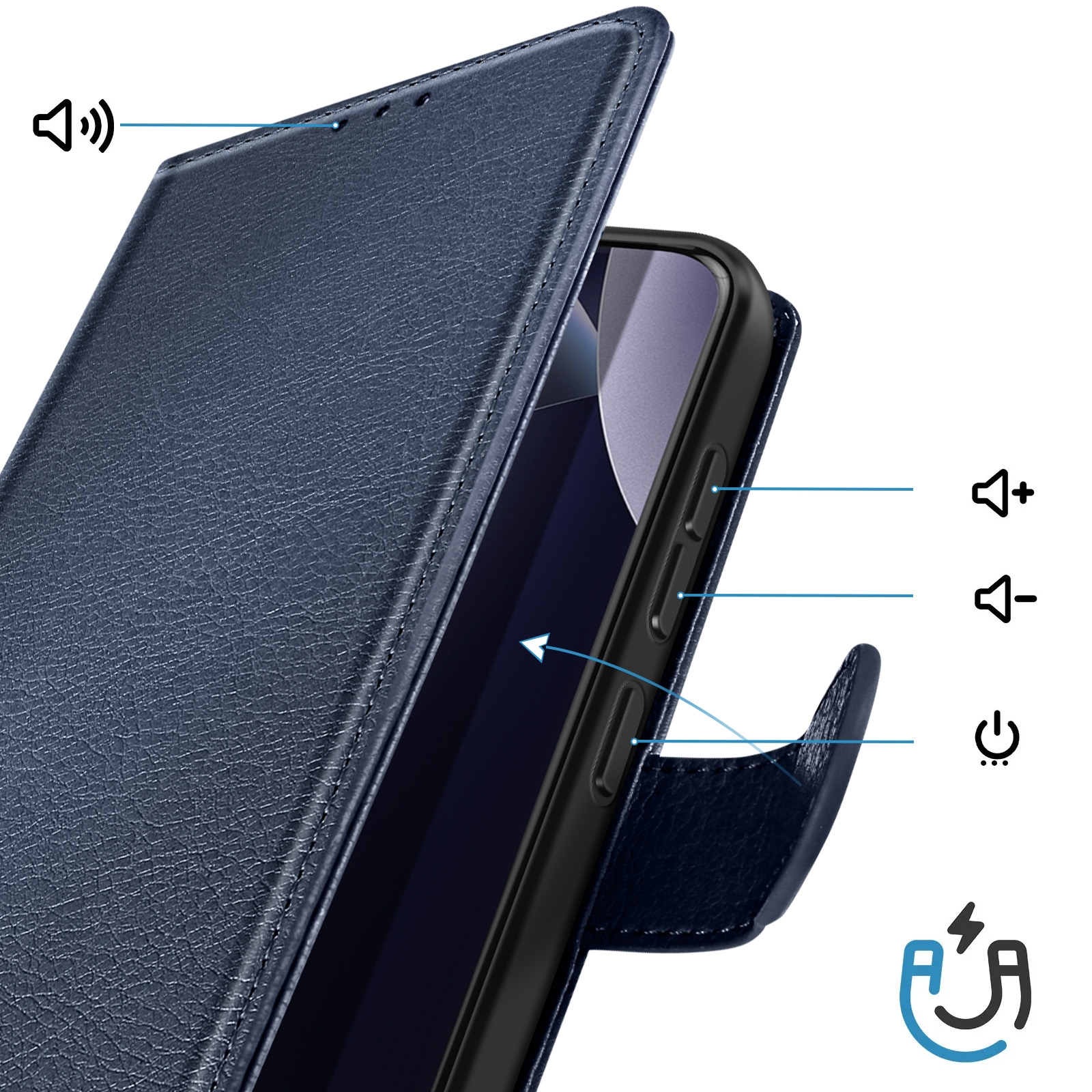 Custodia blu scuro per telefono con pulsanti volume, accensione e chiusura magnetica.