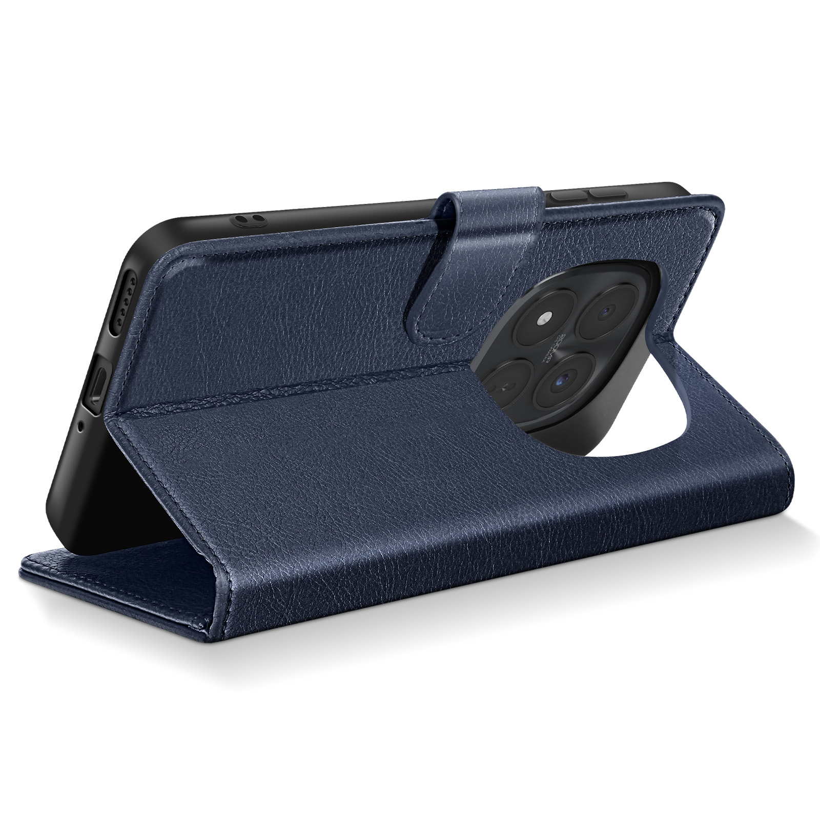 Custodia a libro blu scuro per telefono con modulo fotocamera e patta chiusa.