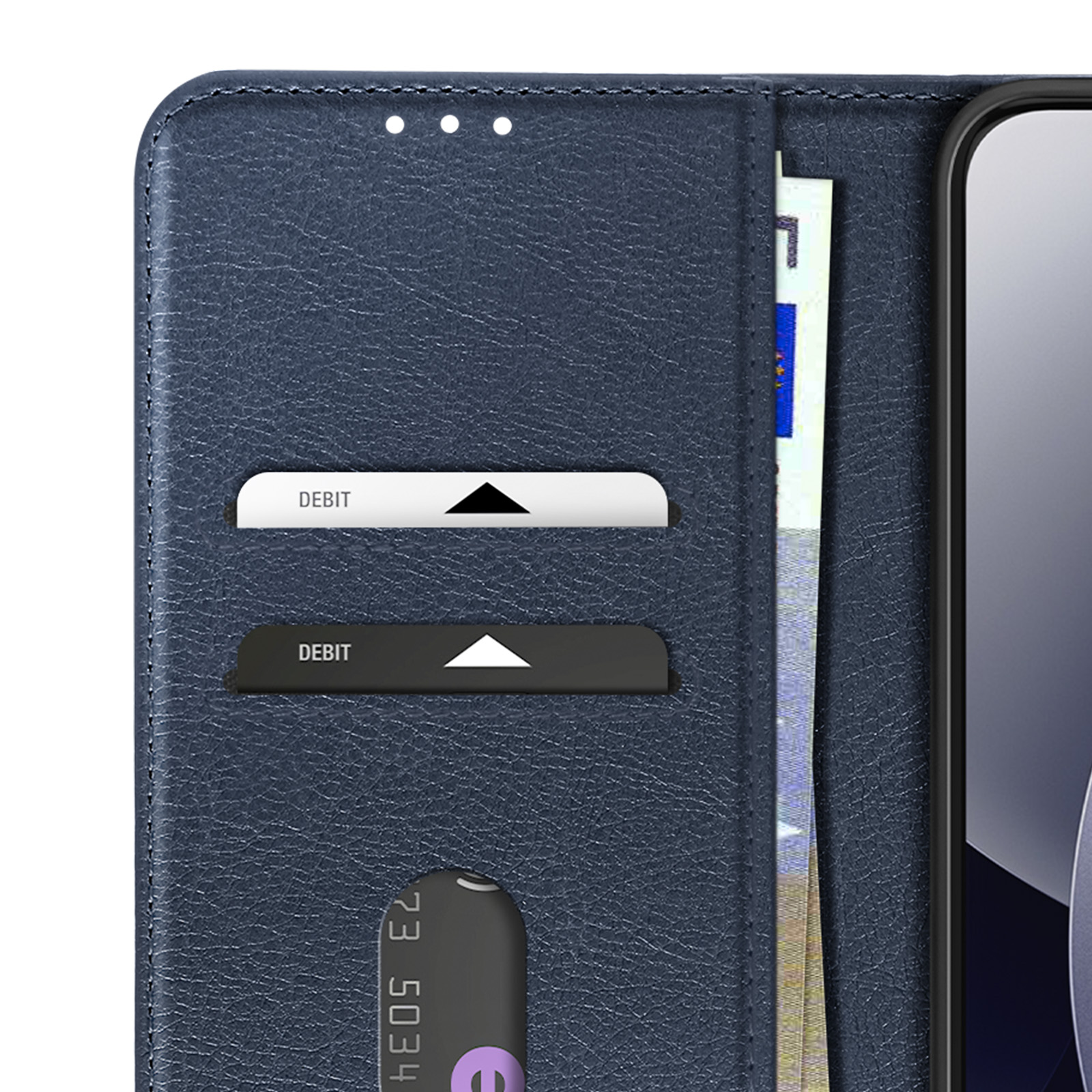 Custodia per telefono in pelle blu scuro con scomparti per carte e banconote.