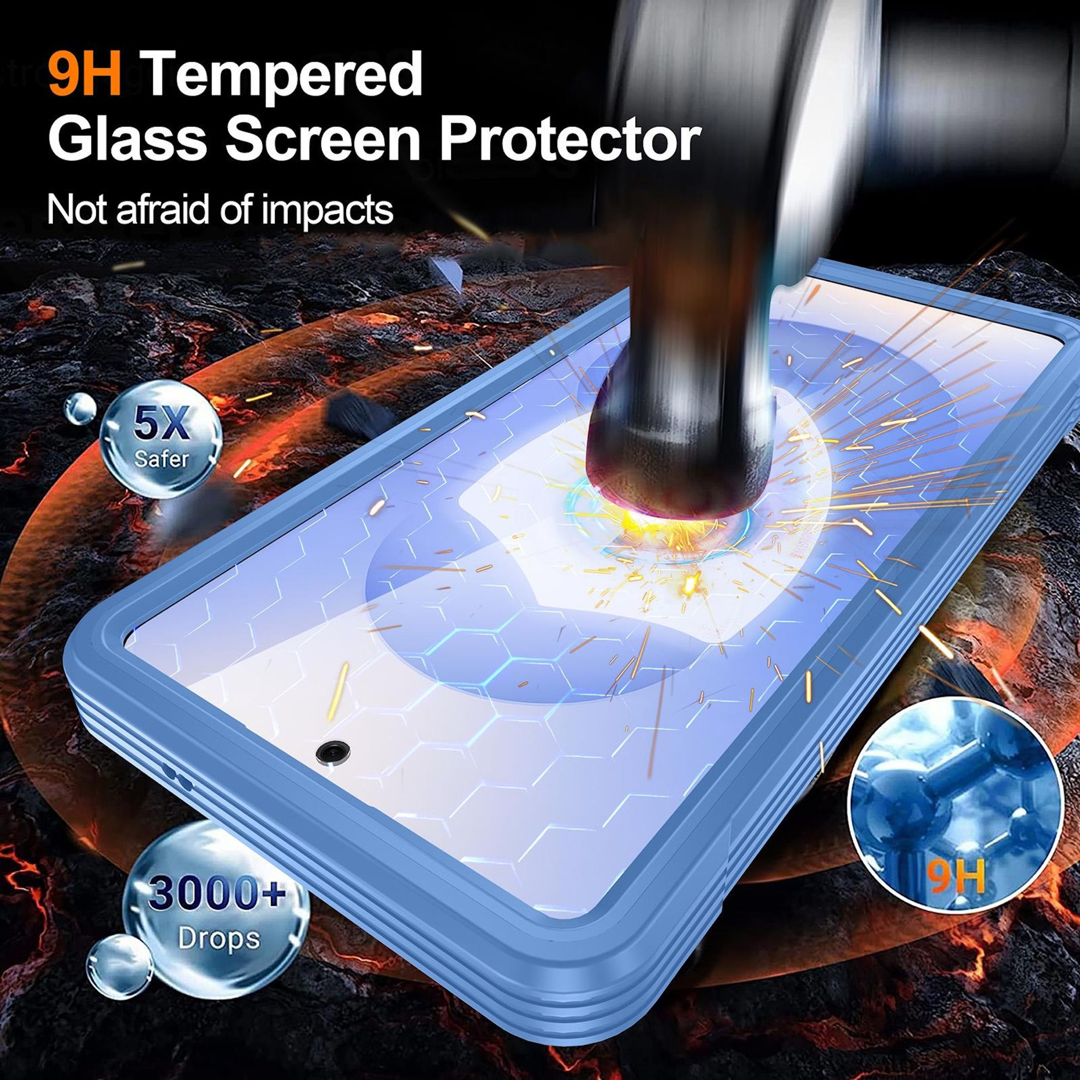 Ein Hammer schlägt auf einen blauen Handy-Bildschirmschutz. 9H Härte.