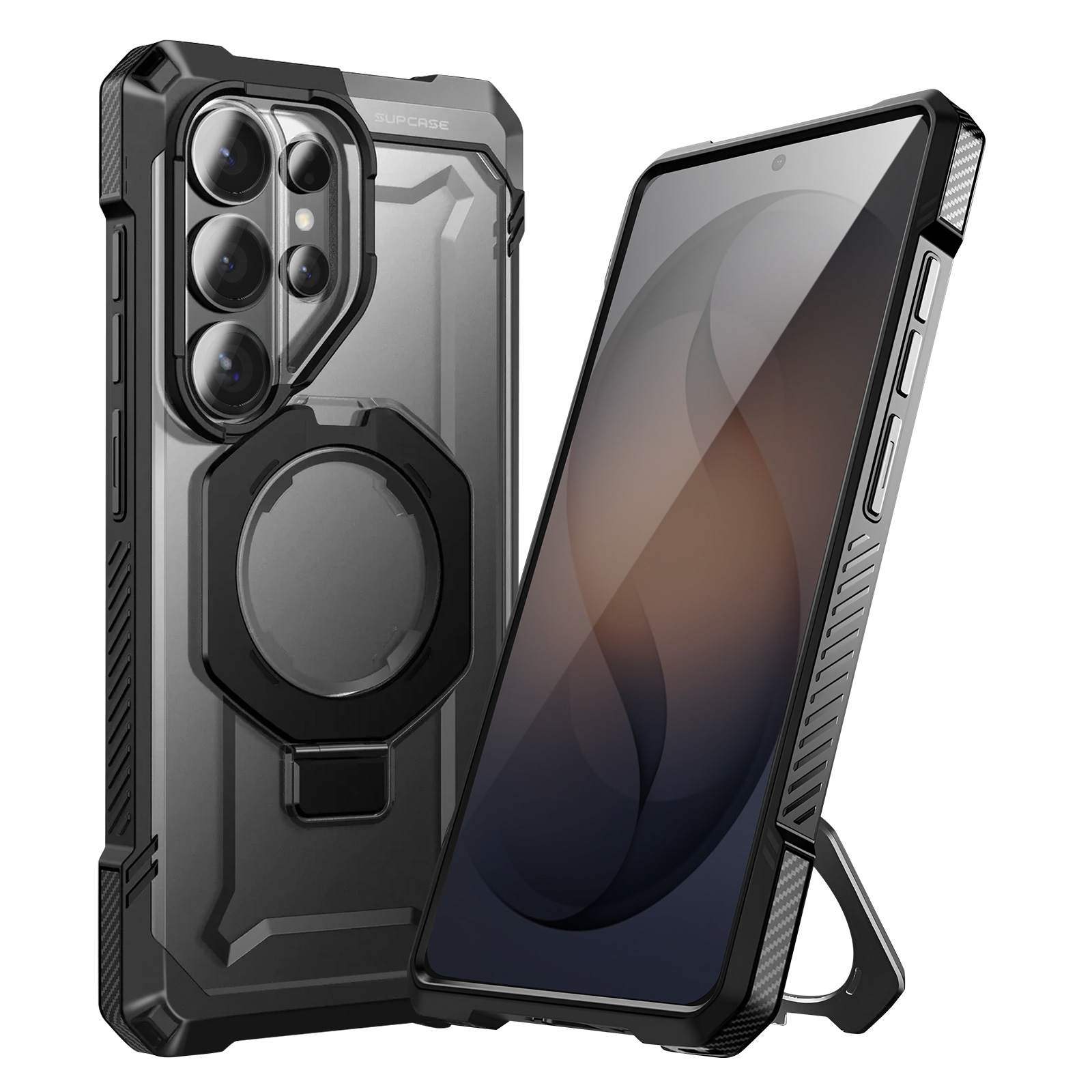 Custodia nera con anello e supporto integrati, mostrata con uno smartphone.