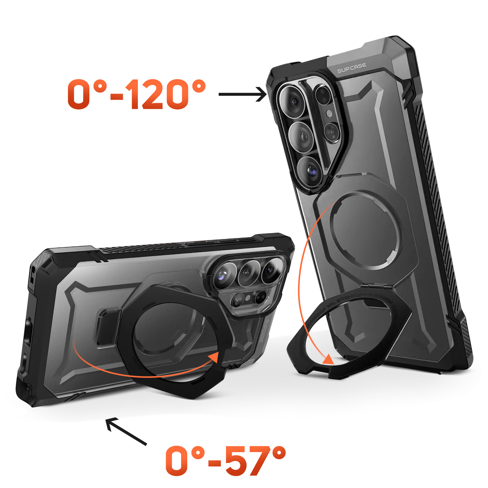 Custodia nera per telefono con anello integrato, angolazione 0-120°.
