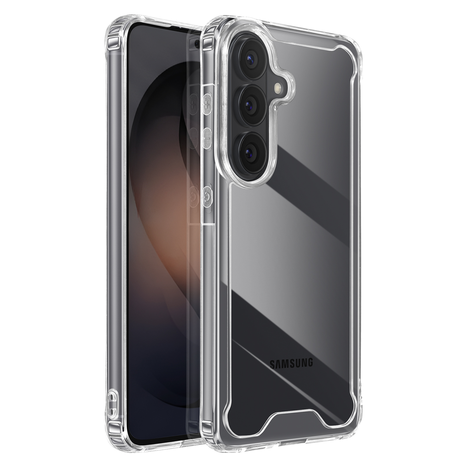Une coque de téléphone transparente montrant trois caméras et un logo Samsung.