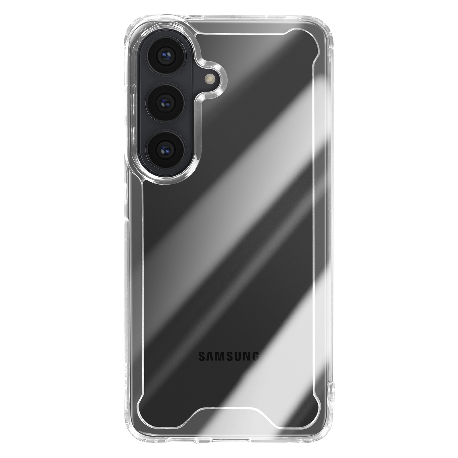Coque de téléphone transparente avec découpe triple caméra et logo Samsung.