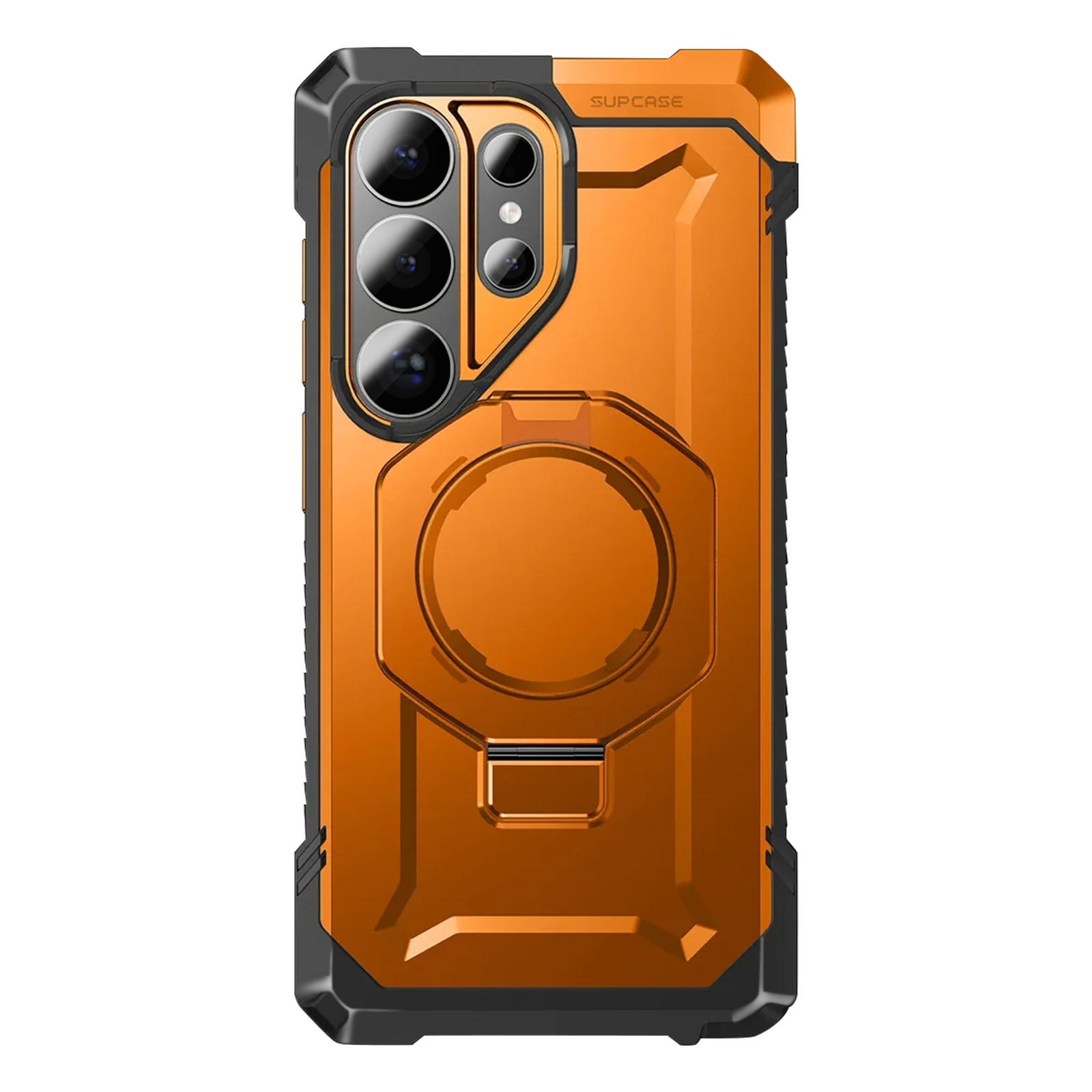 Funda de teléfono naranja con borde negro y recorte de cámara.