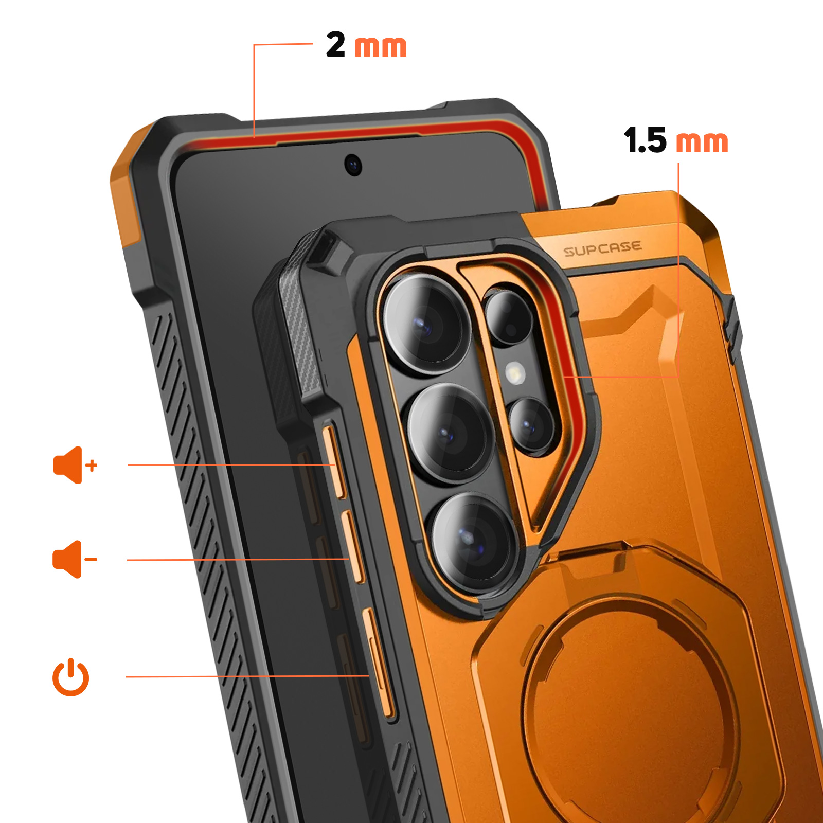 Funda naranja para teléfono con área de cámara y dimensiones de 2mm/1.5mm.