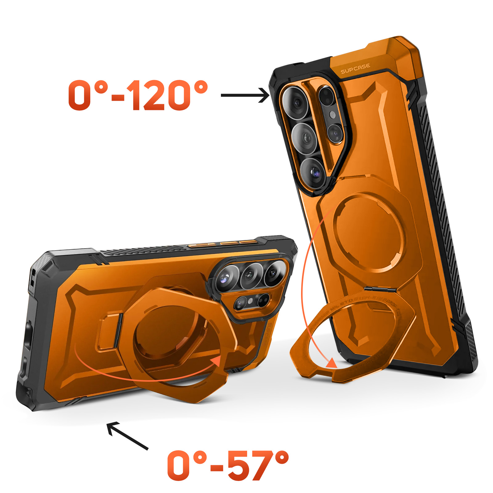 Funda naranja para teléfono con soporte, ángulos de 0-120° y 0-57°.
