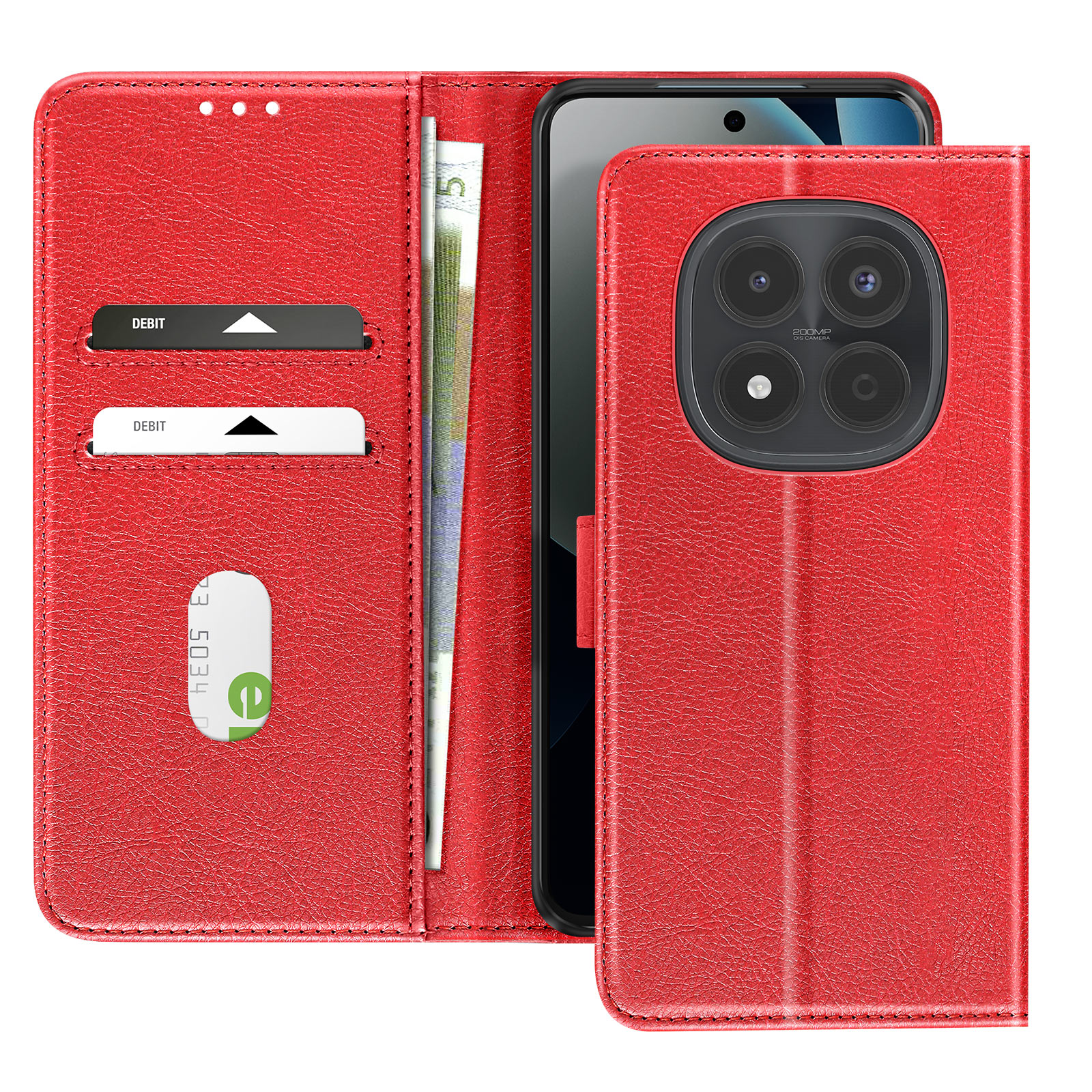 Custodia a portafoglio rossa per telefono con fessure per carte e fotocamera.