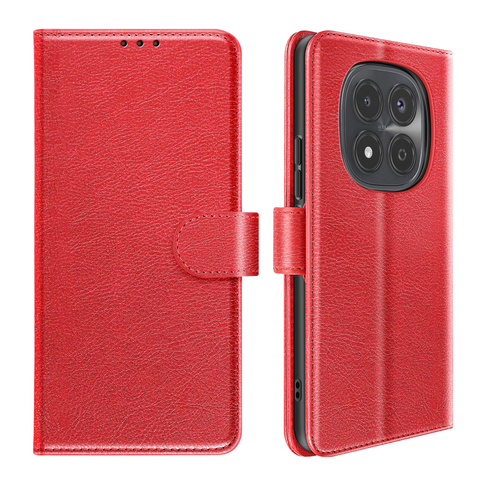 Custodia rossa in pelle a libro aperta, con obiettivi della fotocamera.