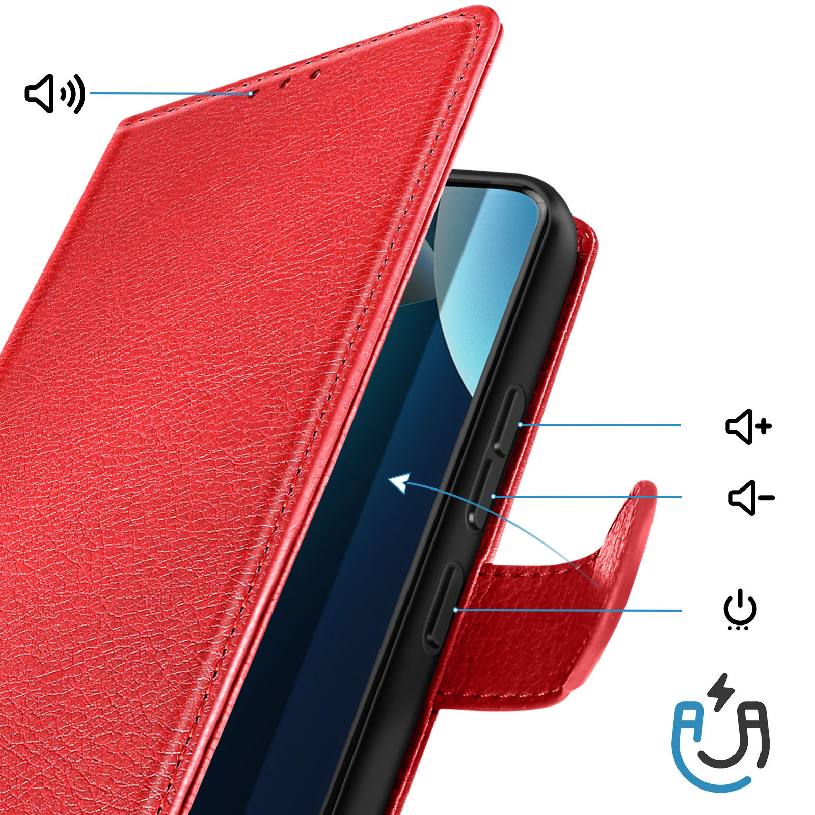 Custodia rossa per telefono con pulsanti volume e accensione. Chiusura magnetica.