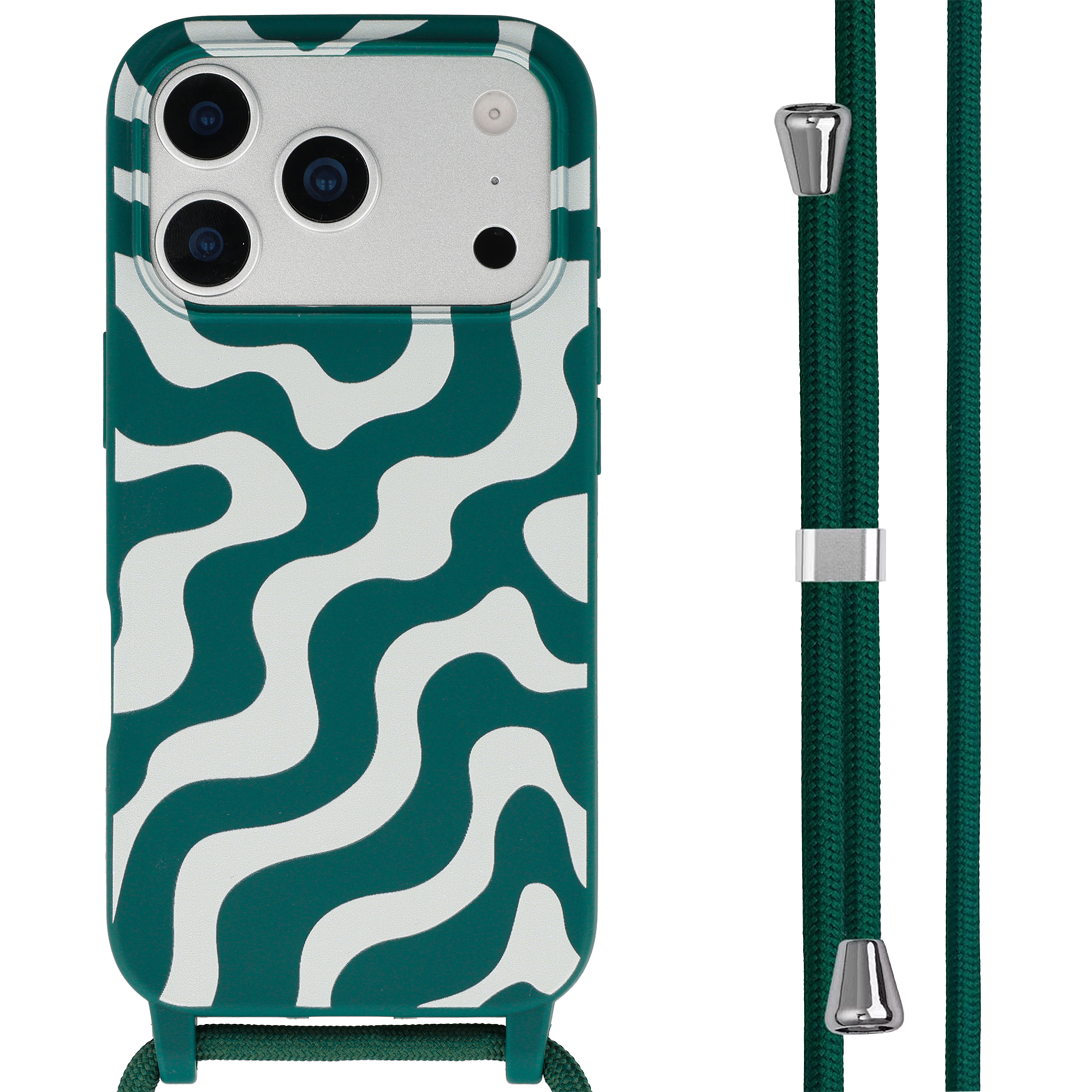 Coque de téléphone verte à motif ondulé blanc, trois objectifs, et un cordon.