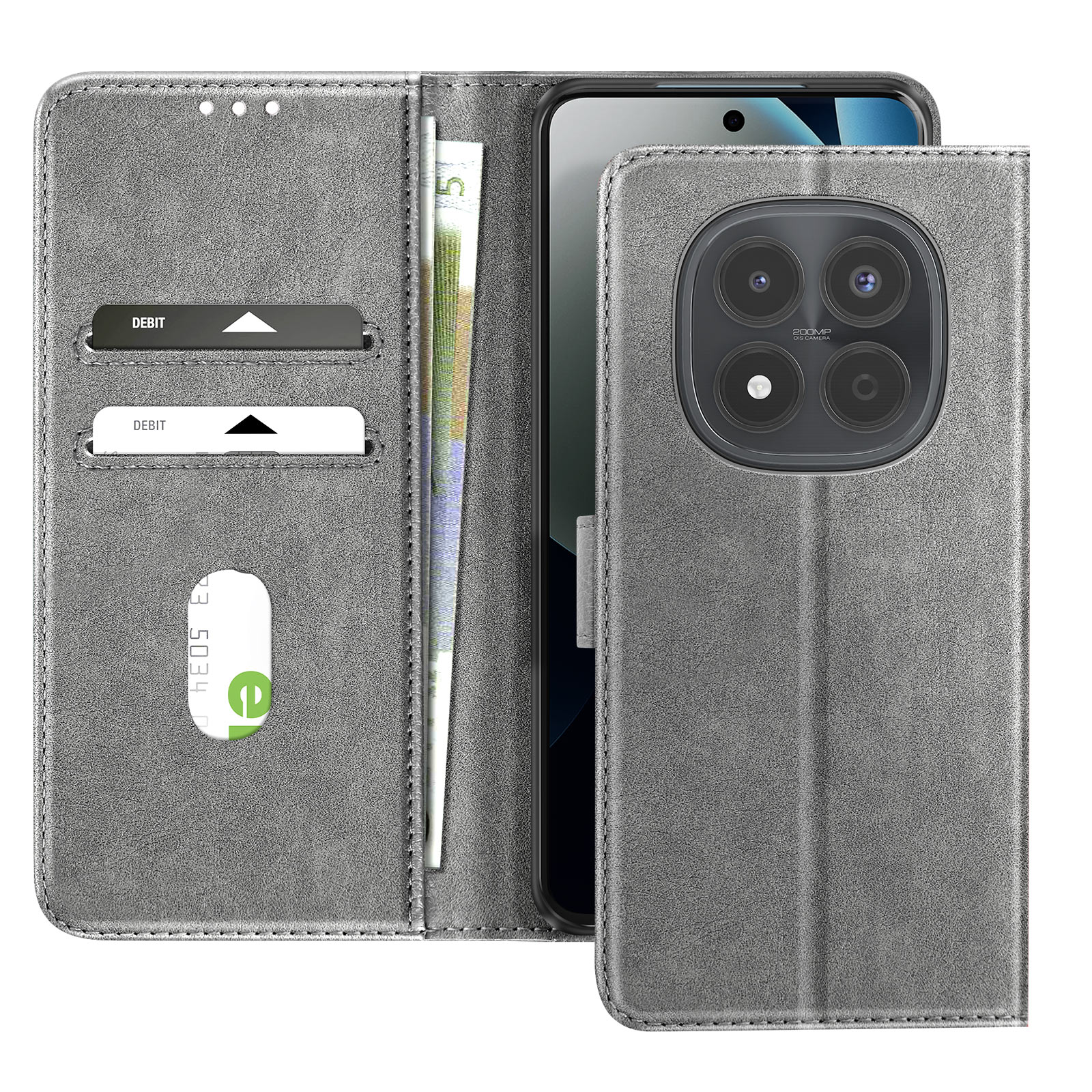 Custodia a libro grigia per telefono con slot per carte e porta banconote, aperta mostra il telefono.