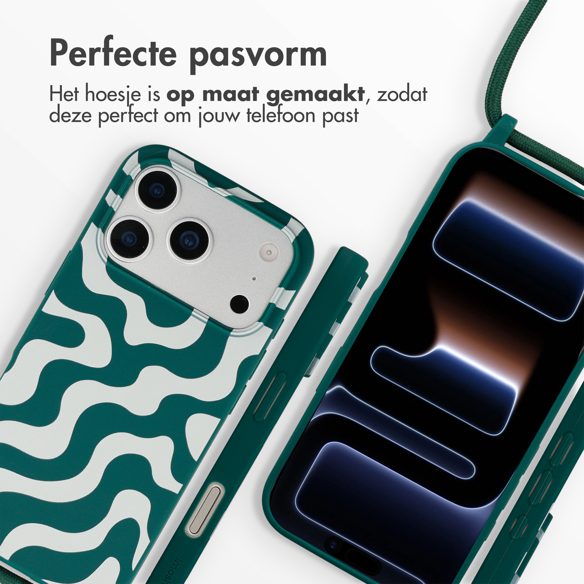 Coque de téléphone verte à motif ondulé blanc et cordon, à côté d'un smartphone.