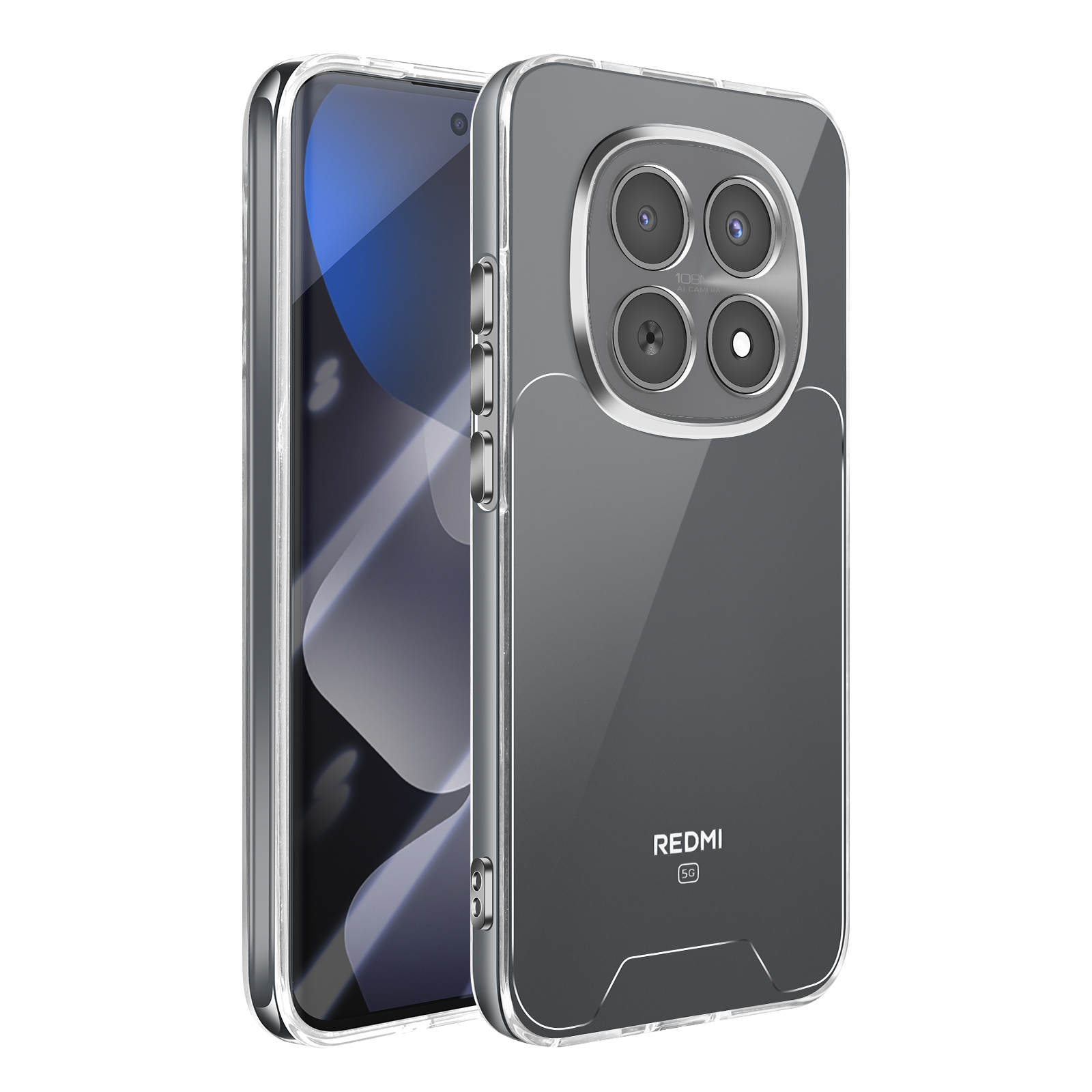 Custodia trasparente per telefono con quadrupla fotocamera e logo rosso.