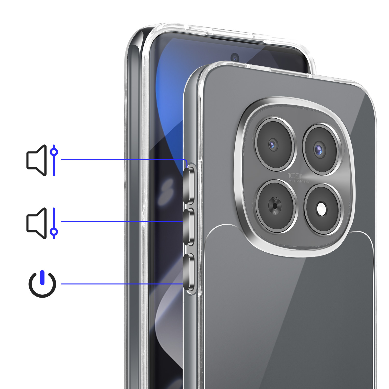 Custodia trasparente per telefono con icone volume e accensione.
