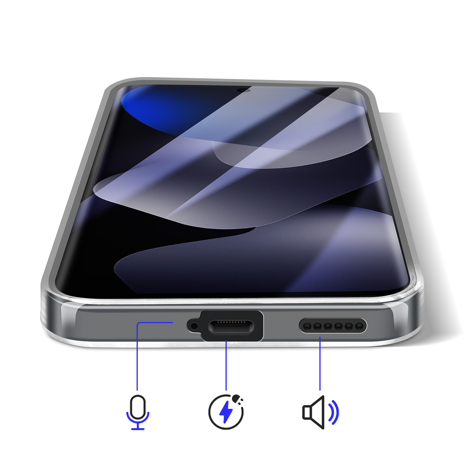 Uno smartphone che mostra le icone della porta di ricarica, altoparlante e microfono.