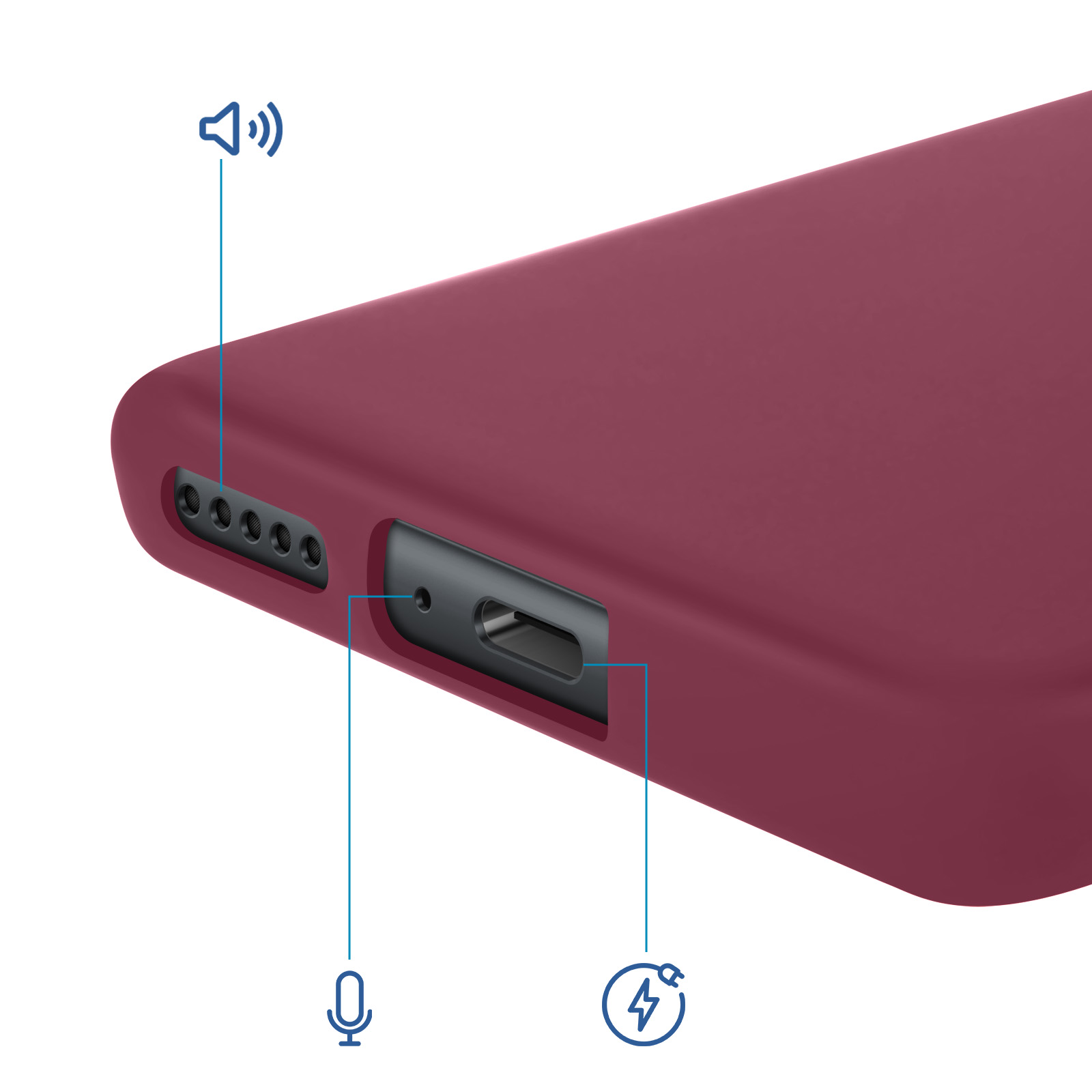 Primo piano di una custodia rossa per telefono con altoparlante, microfono e porta di ricarica.