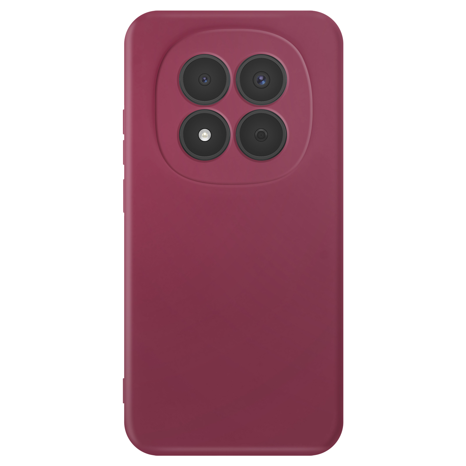 Funda roja para teléfono con cuatro lentes de cámara en carcasa ovalada.