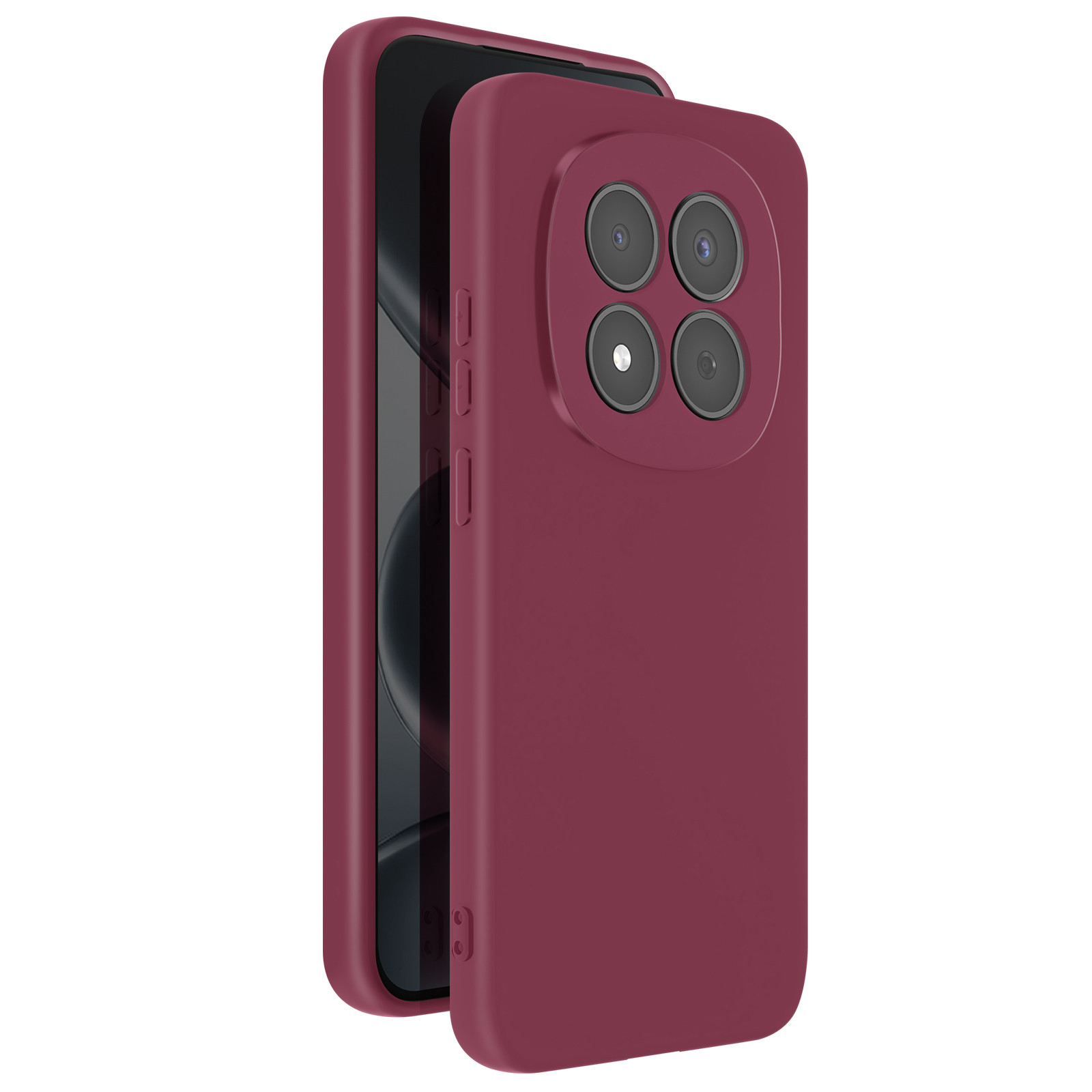 Un teléfono rojo con cuatro cámaras traseras, parcialmente en una funda.
