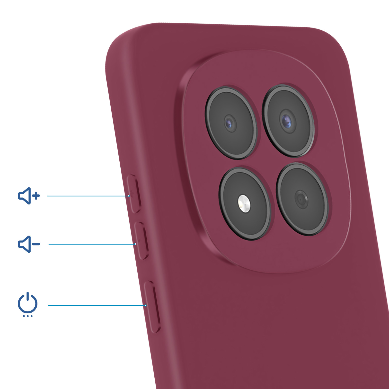 Parte trasera de un smartphone rojo oscuro con cuatro cámaras y botones de volumen.