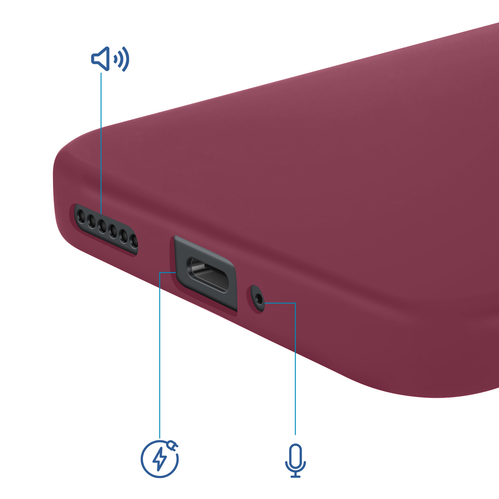 Primer plano de una funda de teléfono roja que muestra puertos, altavoz, carga y iconos de micrófono.