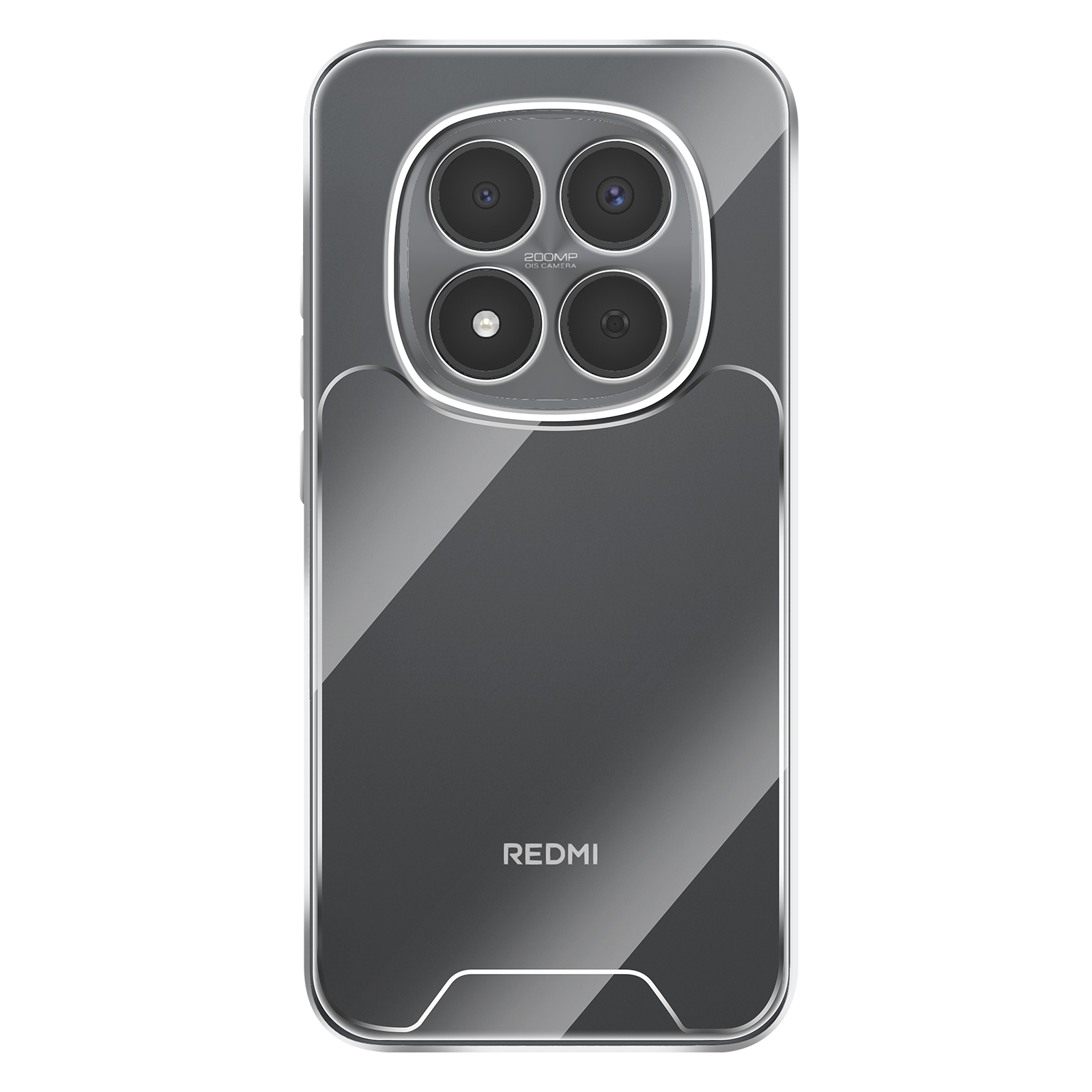 Una cover trasparente per telefono con quattro fotocamere e logo REDMI.