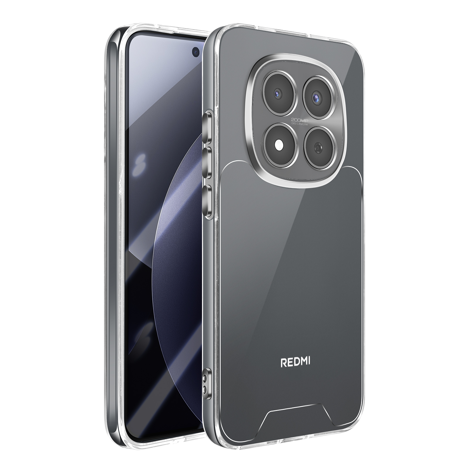 Una custodia trasparente per telefono con quattro lenti e logo Redmi.