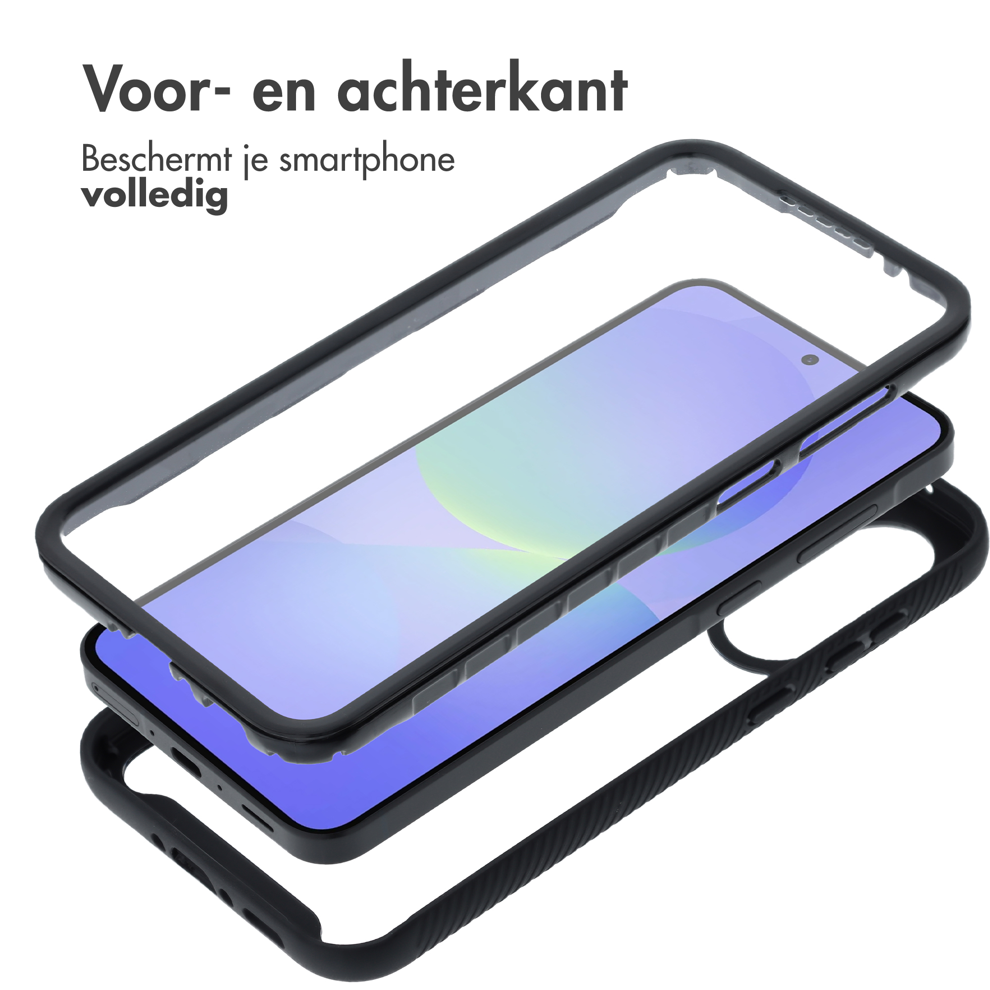 Ein Smartphone mit einer transparenten Hülle, die Vorder- und Rückseite schützt.