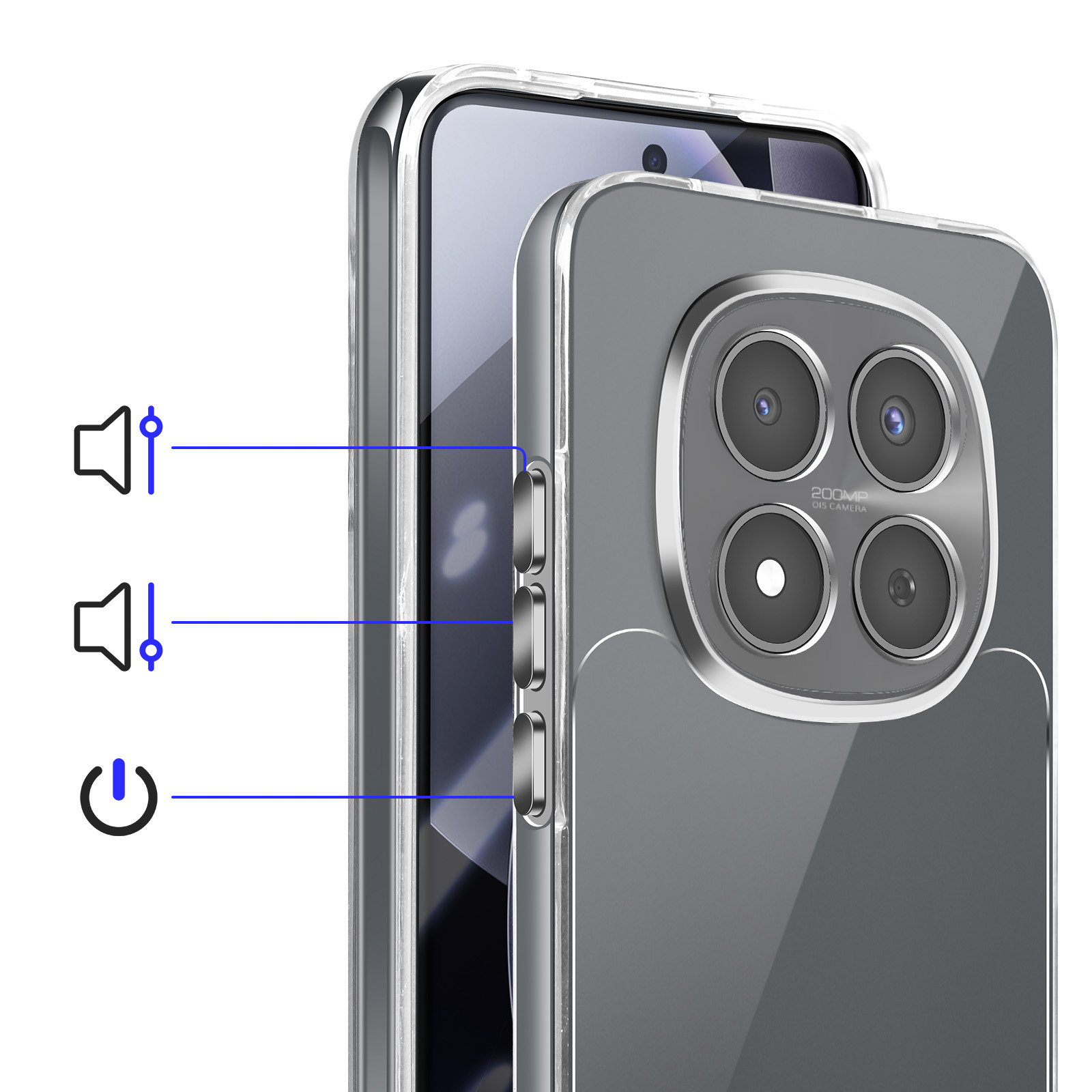 Custodia trasparente per telefono con icone pulsanti volume e accensione.