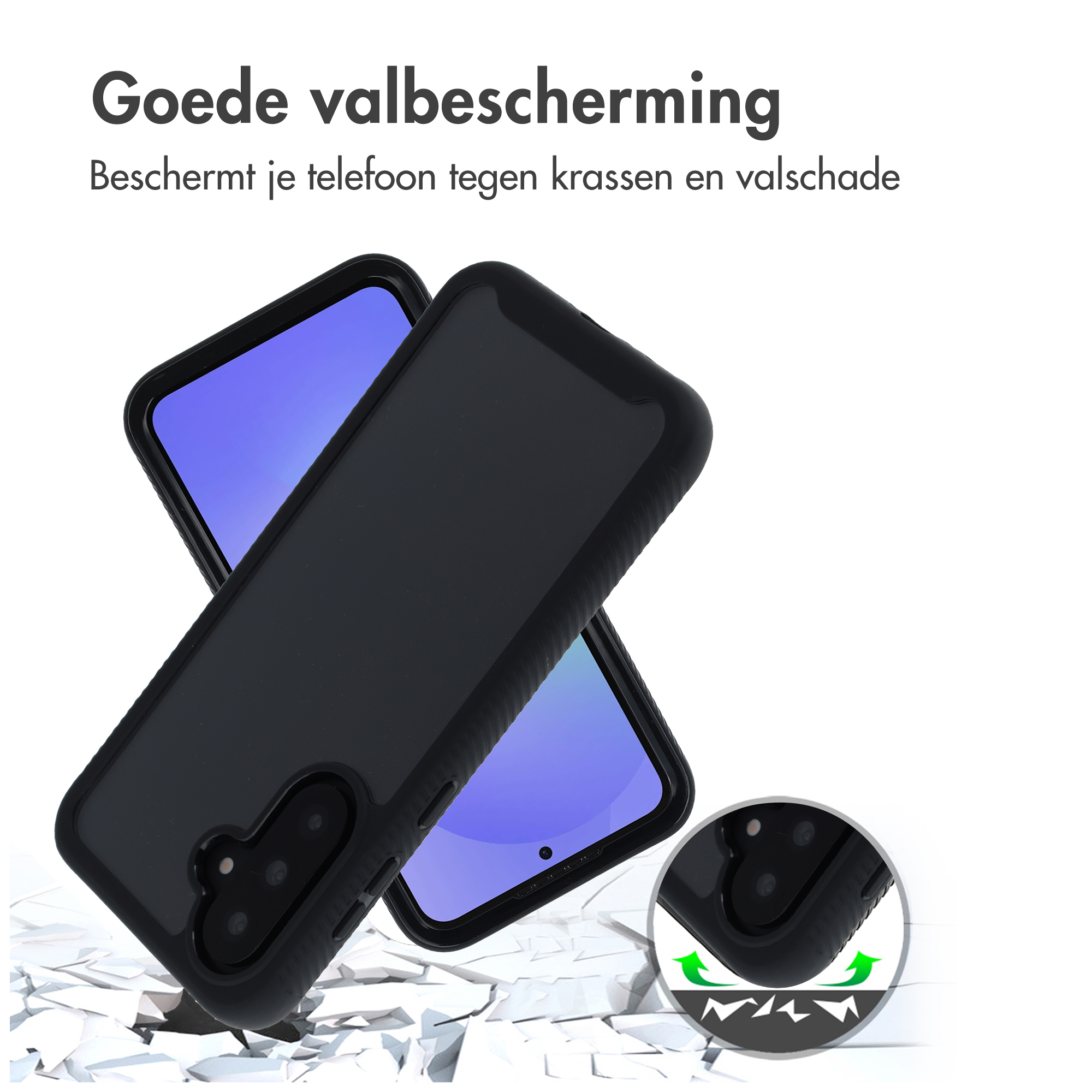 Schwarze Handyhülle mit blauer Bildschirmanzeige auf zerbrochenem Boden.