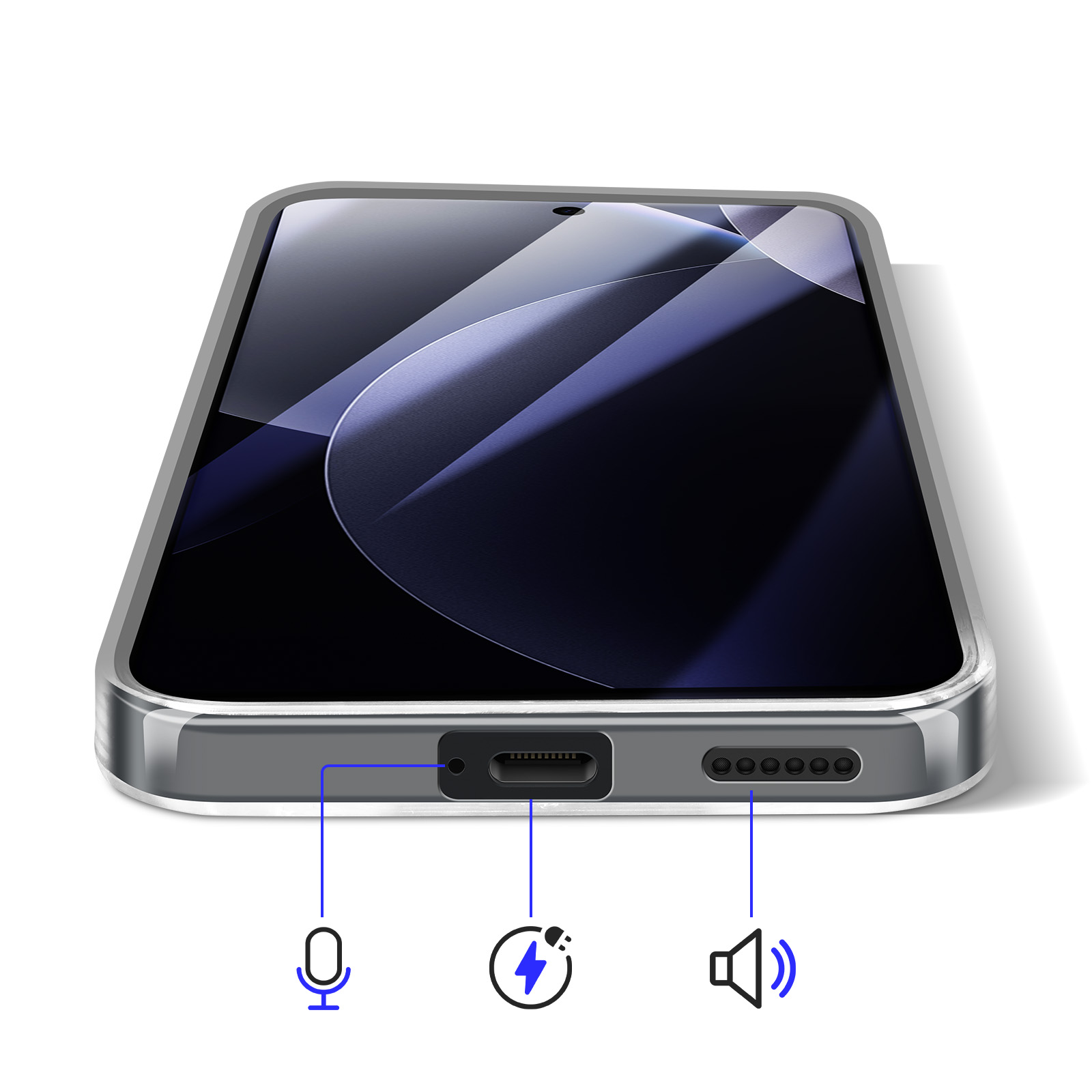 Uno smartphone che mostra le porte per microfono, ricarica e altoparlante.