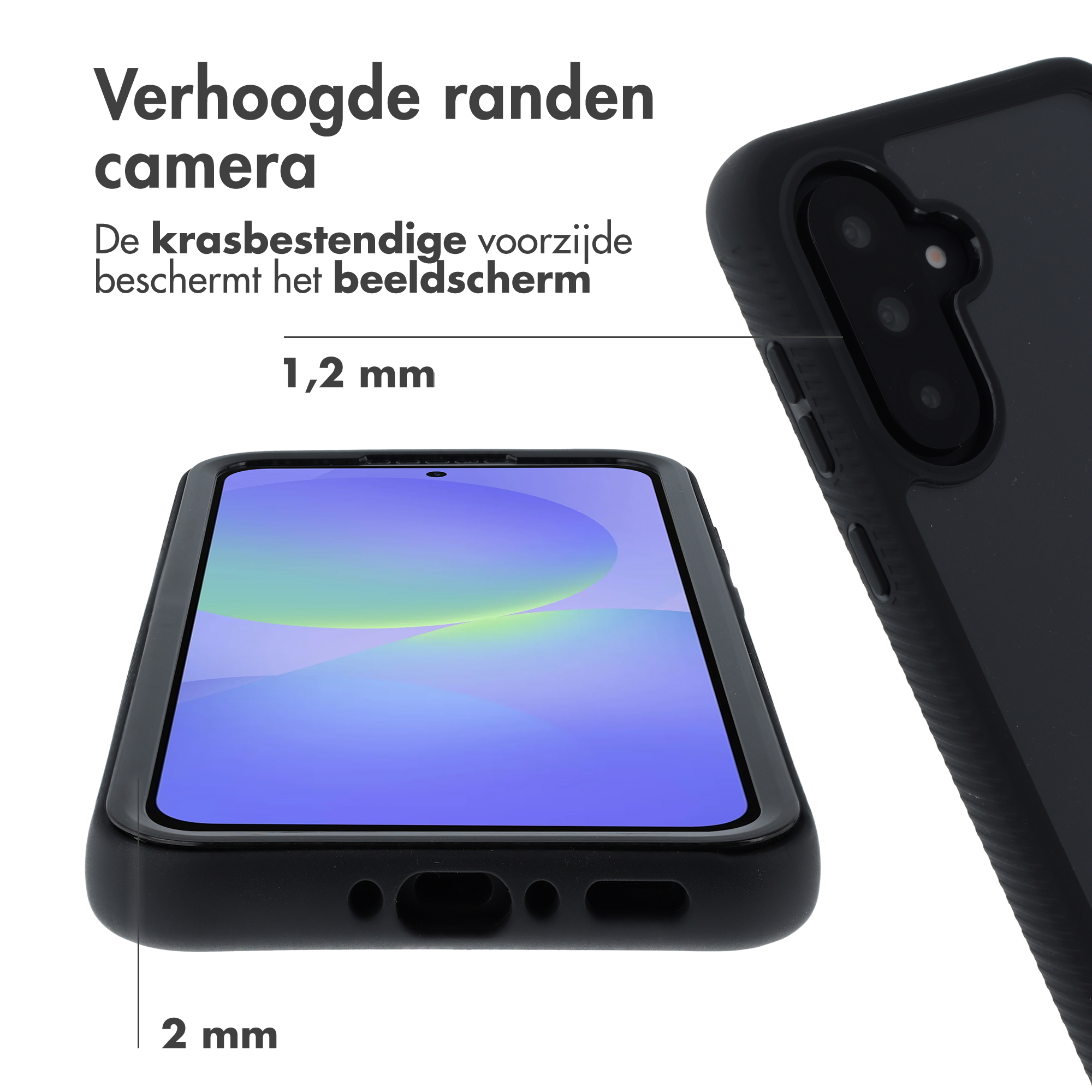 Schwarze Handyhülle mit erhöhten Rändern für Kamera und Bildschirm.